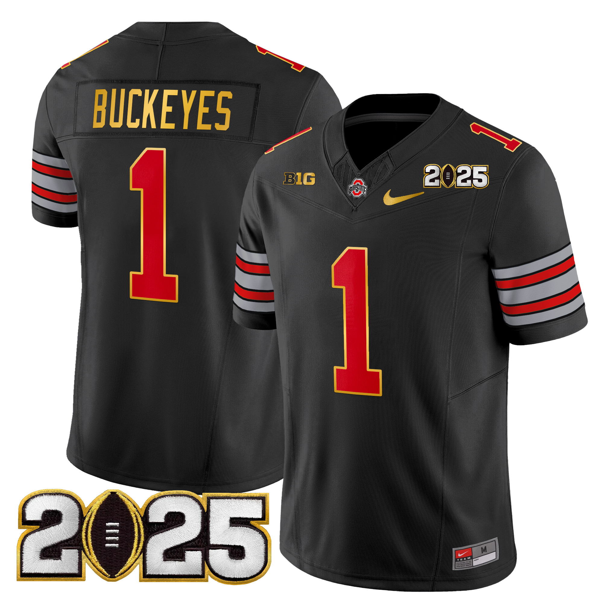 #1 Buckeyes Men's Ohio State Buckeyes 'Heritage Stripe' 2025 CFP Final Patch Gold Trim Vapor Limited Black Jersey - All Stitched