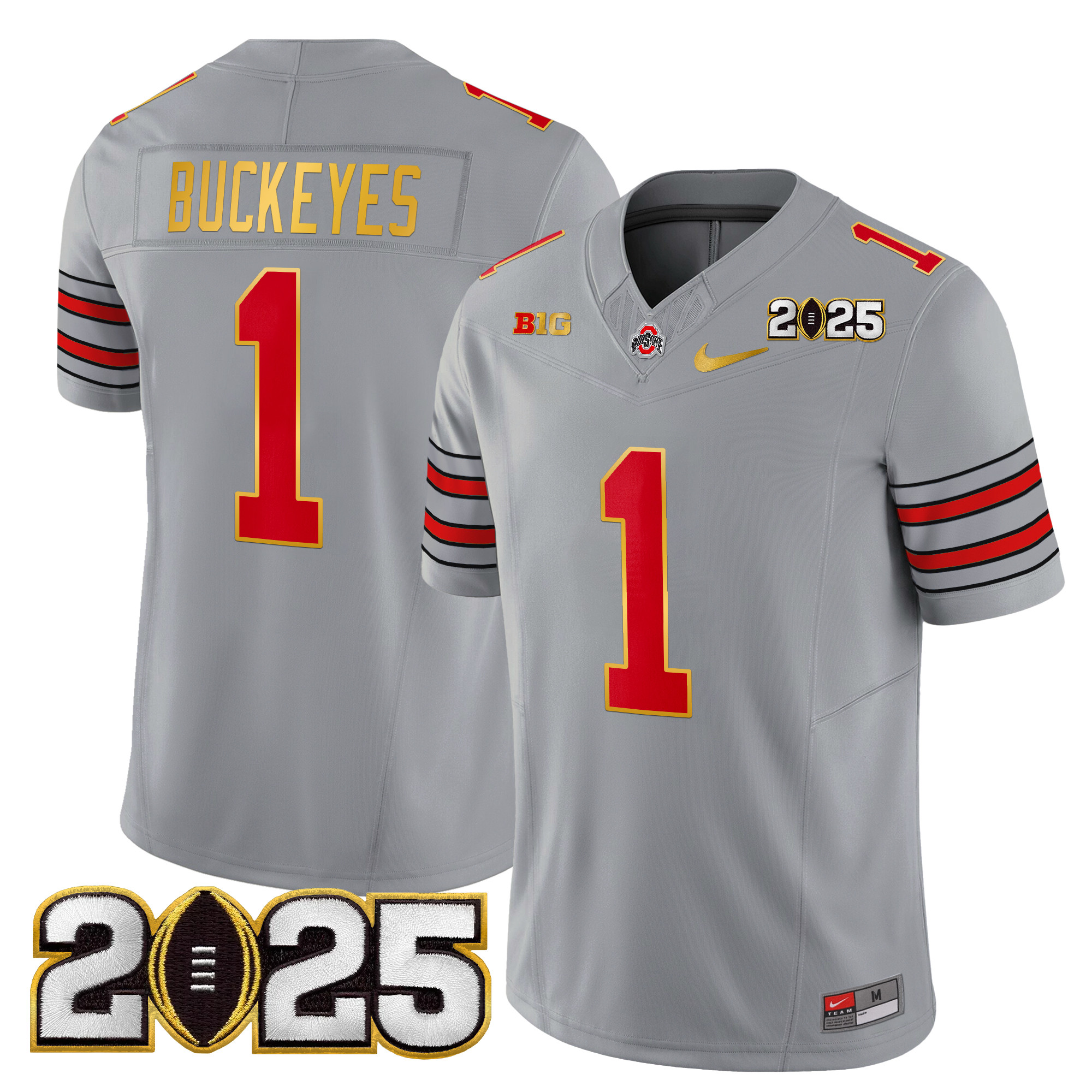 #1 Buckeyes Men's Ohio State Buckeyes 'Heritage Stripe' 2025 CFP Final Patch Gold Trim Vapor Limited Gray Jersey - All Stitched