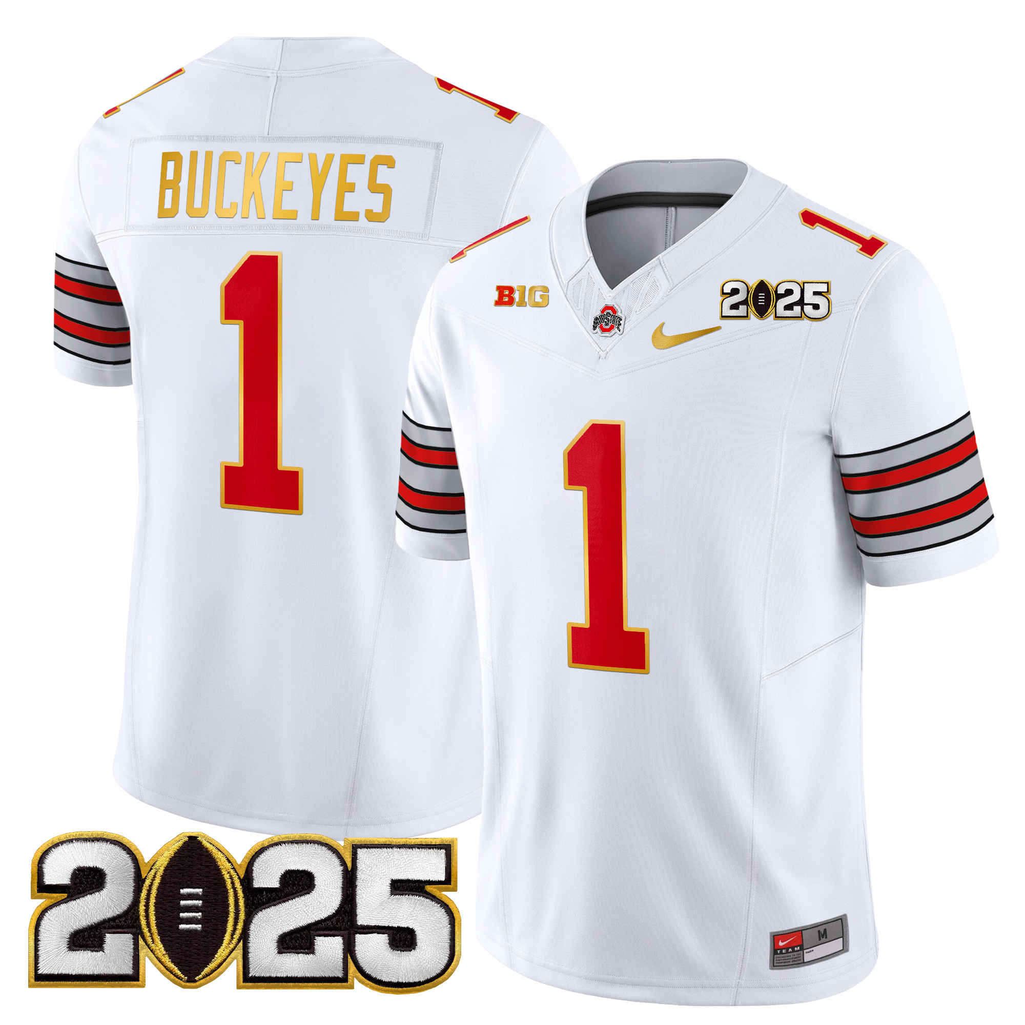 #1 Buckeyes Men's Ohio State Buckeyes 'Heritage Stripe' 2025 CFP Final Patch Gold Trim Vapor Limited White Jersey - All Stitched