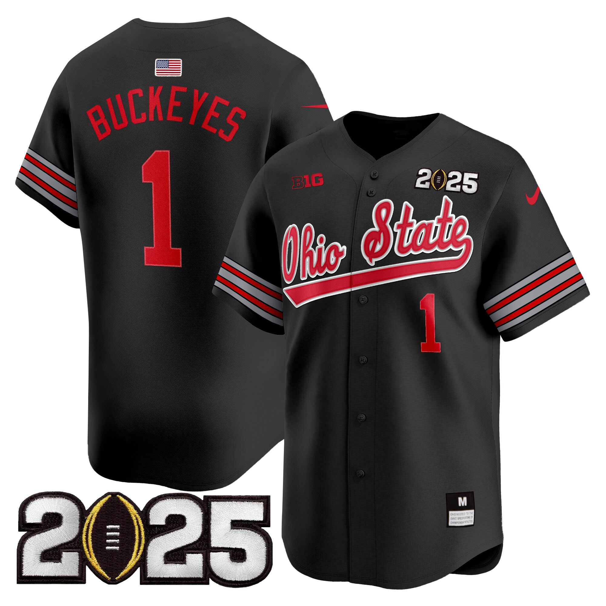#1 Buckeyes Men's Ohio State Buckeyes 'Heritage Stripe' 2025 CFP Final Patch Vapor Baseball Black Jersey V2 - All Stitched