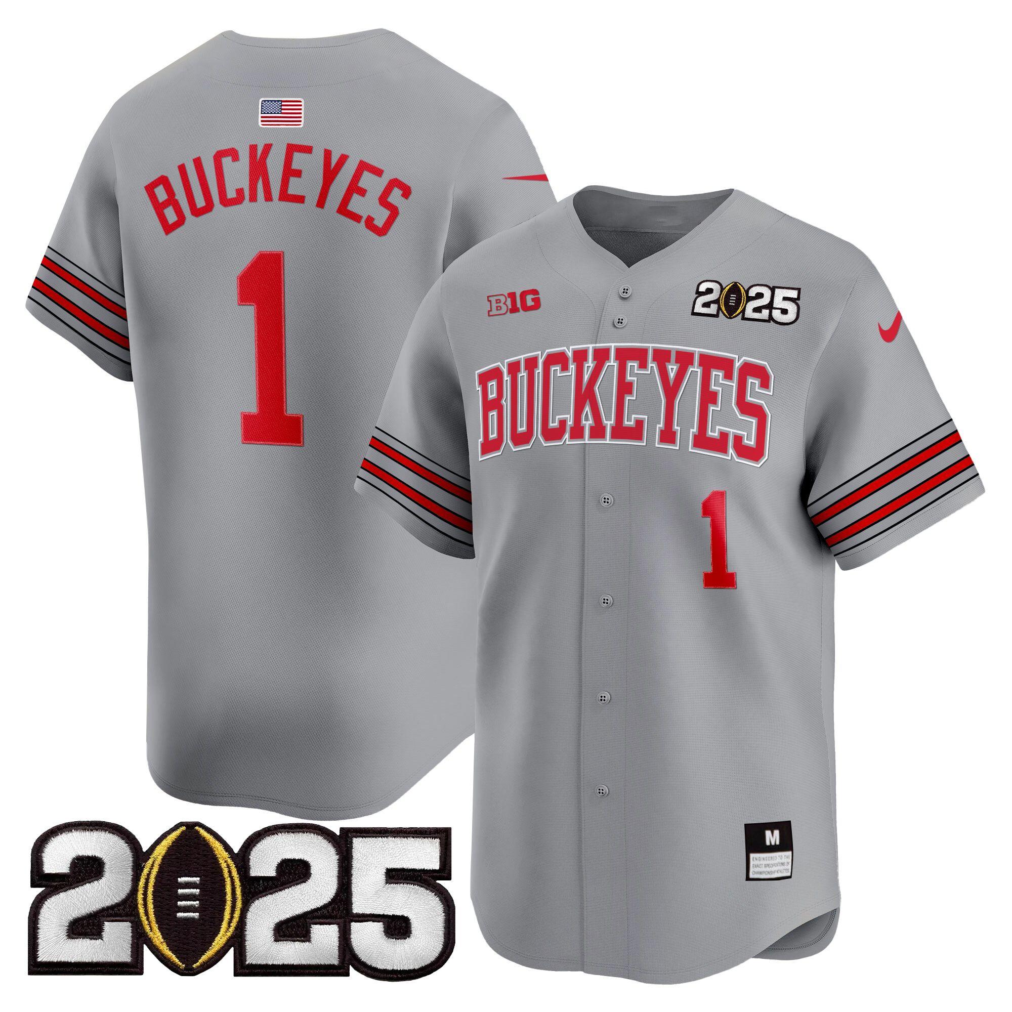 #1 Buckeyes Men's Ohio State Buckeyes 'Heritage Stripe' 2025 CFP Final Patch Vapor Baseball Gray Jersey - All Stitched
