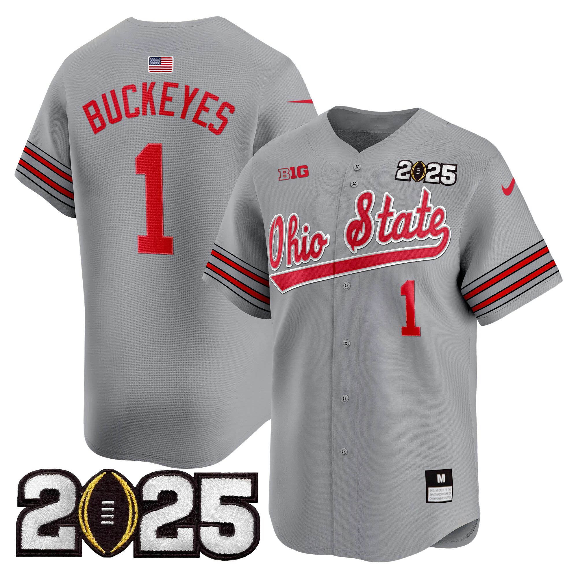 #1 Buckeyes Men's Ohio State Buckeyes 'Heritage Stripe' 2025 CFP Final Patch Vapor Baseball Gray Jersey V2 - All Stitched