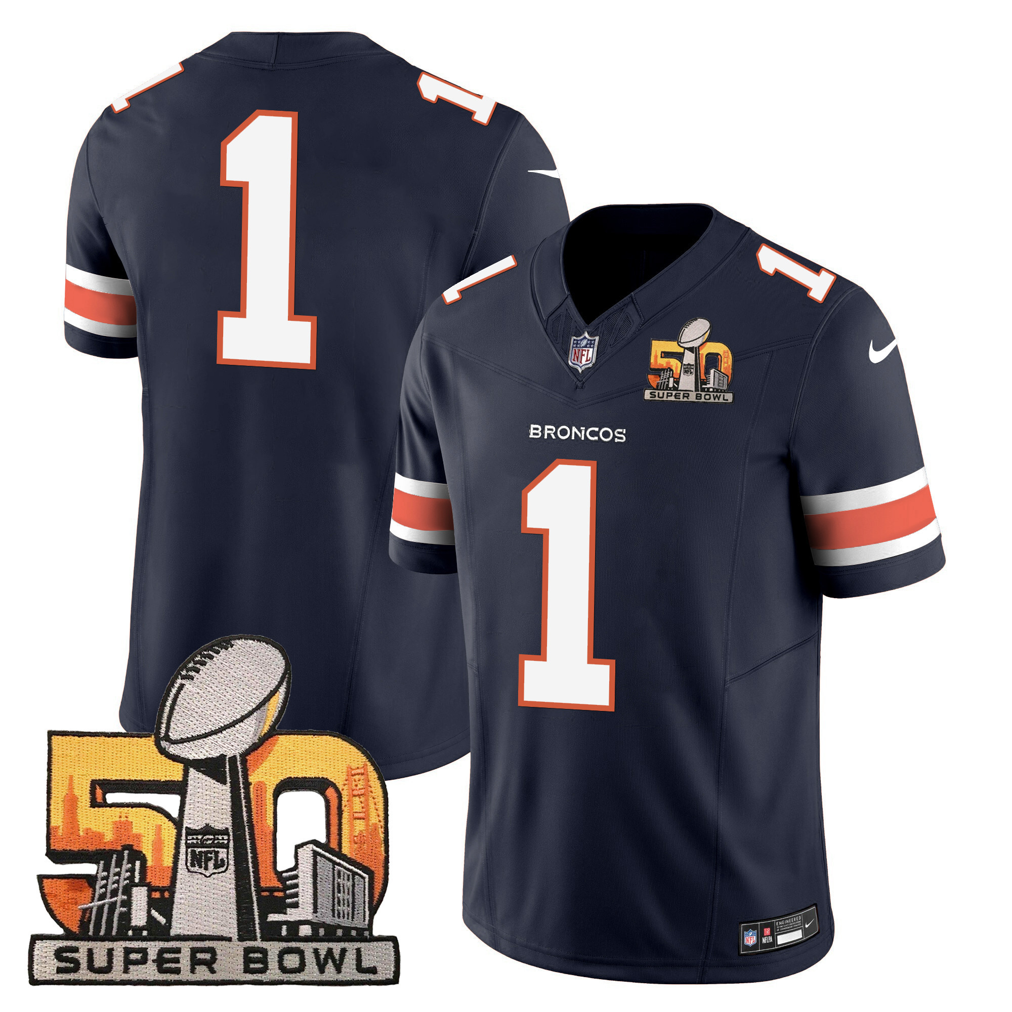 #1 Team Men's Denver Broncos Super Bowl 50 Patch Vapor Navy Jersey - All Stitched