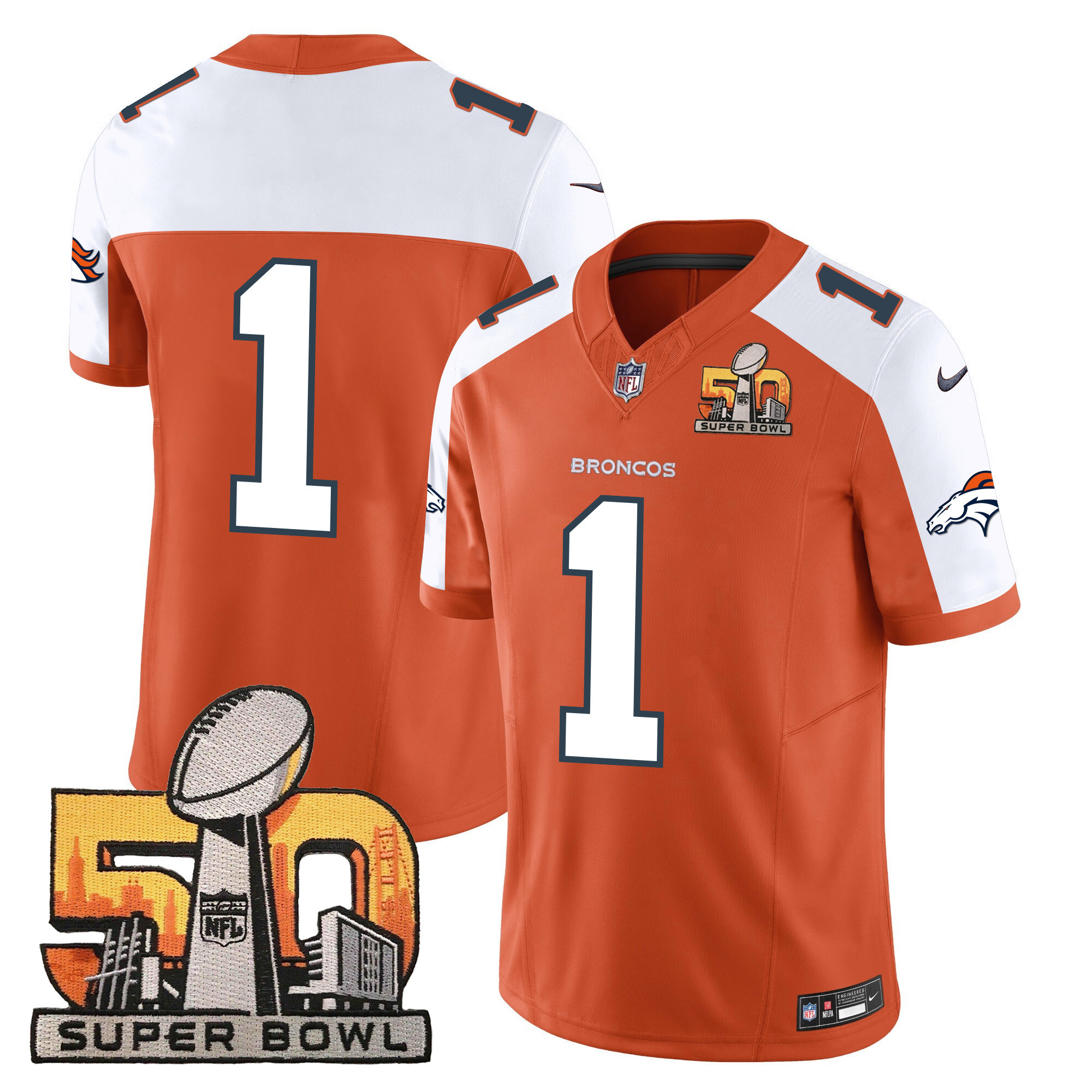 #1 Team Men's Denver Broncos Super Bowl 50 Patch Vapor Orange Alternate Jersey - All Stitched