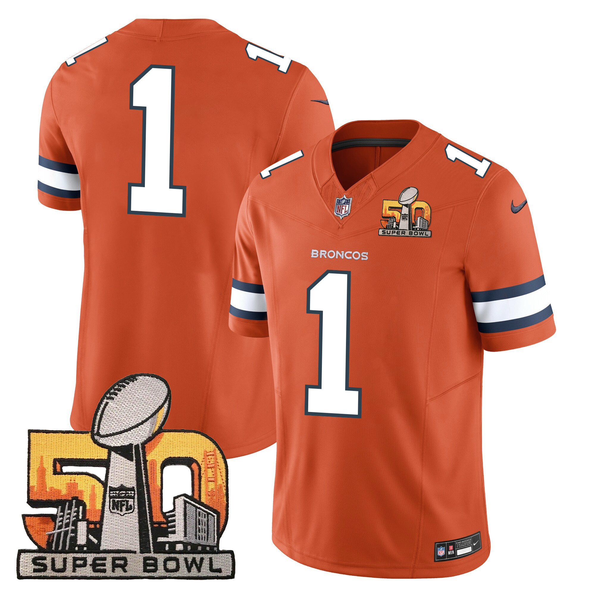 #1 Team Men's Denver Broncos Super Bowl 50 Patch Vapor Orange Jersey - All Stitched