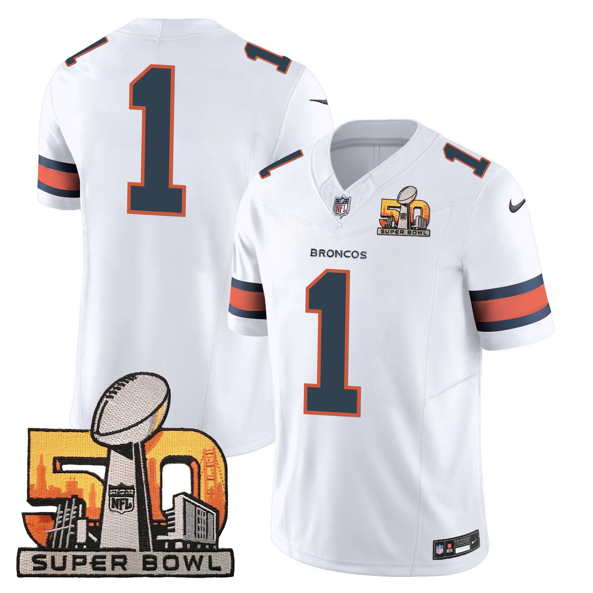 #1 Team Men's Denver Broncos Super Bowl 50 Patch Vapor White Jersey - All Stitched