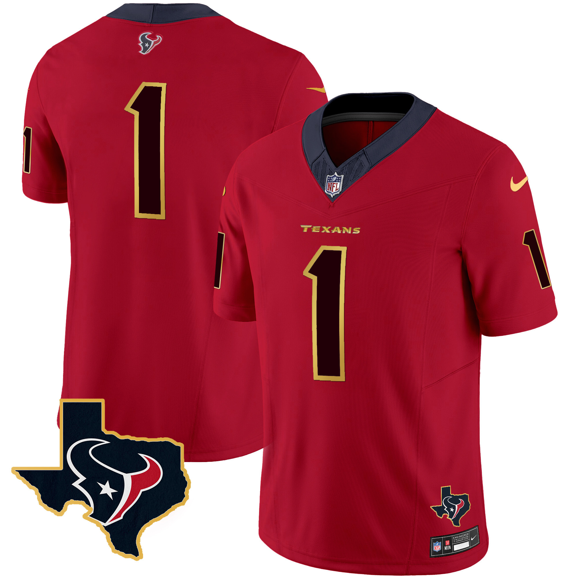 #1 Team Men's Houston Texans Gold Trim Vapor Red Jersey - All Stitched