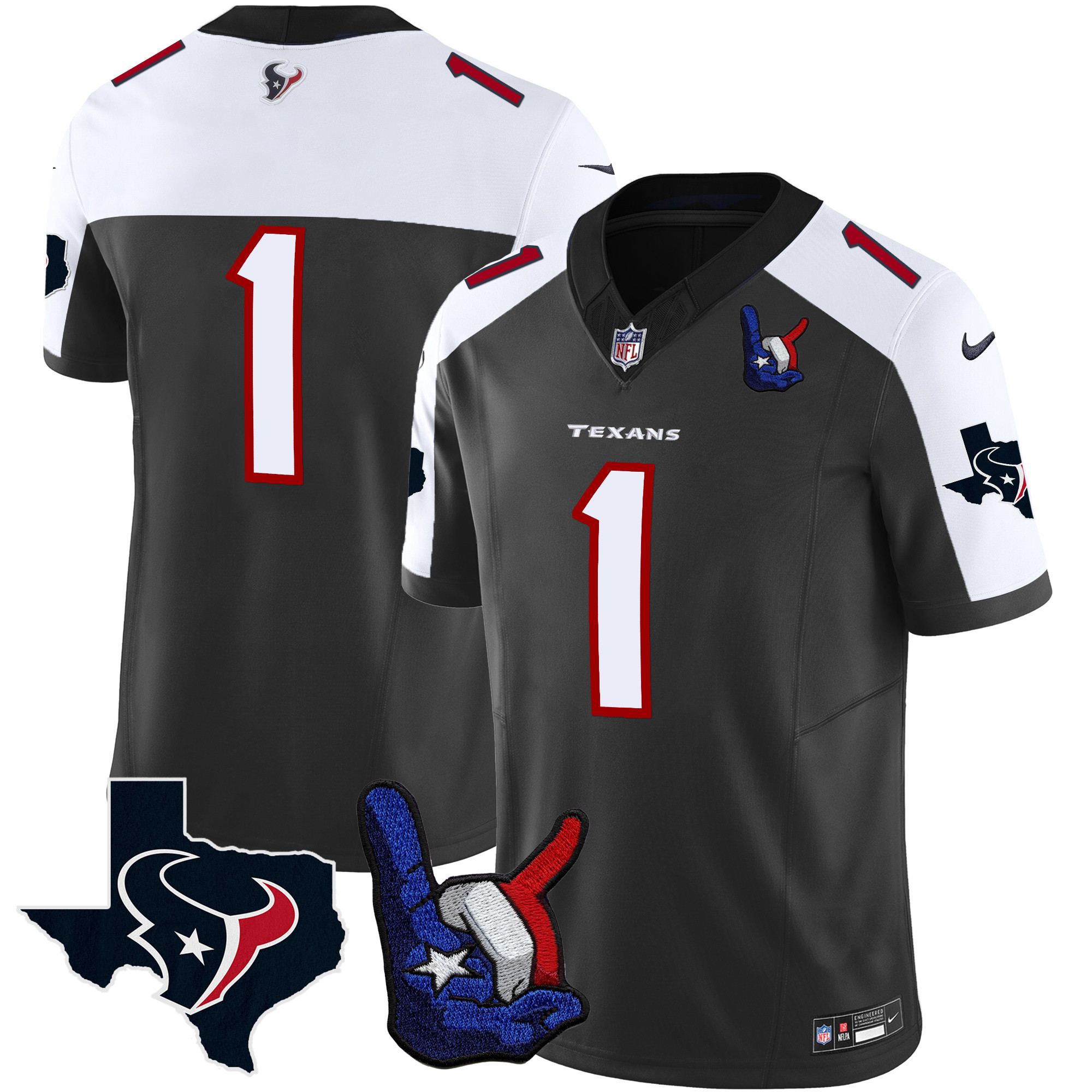 #1 Team Men's Houston Texans Hand Sign Throwing Up The H Vapor Black Alternate Jersey - All Stitched