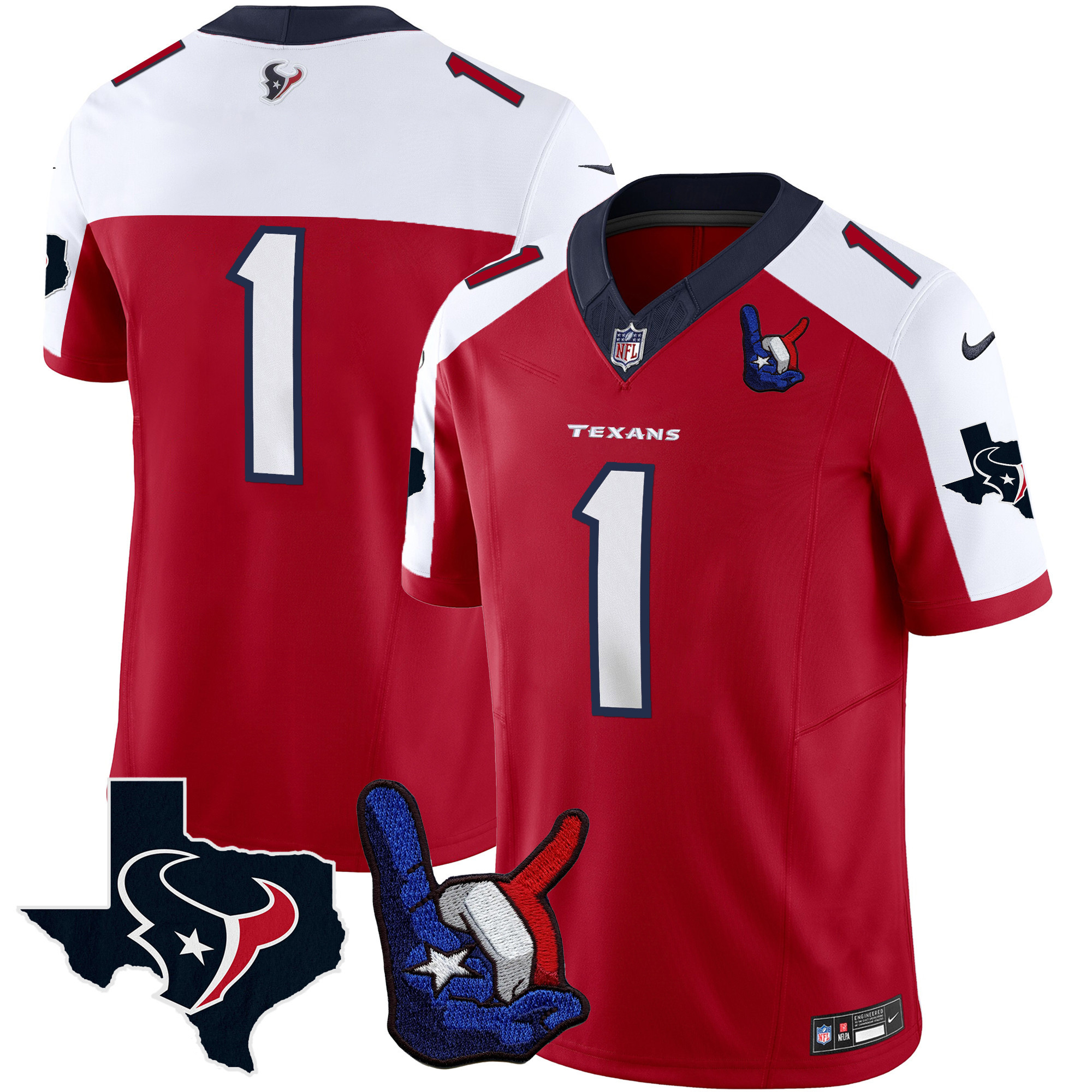 #1 Team Men's Houston Texans Hand Sign Throwing Up The H Vapor Red Alternate Jersey - All Stitched