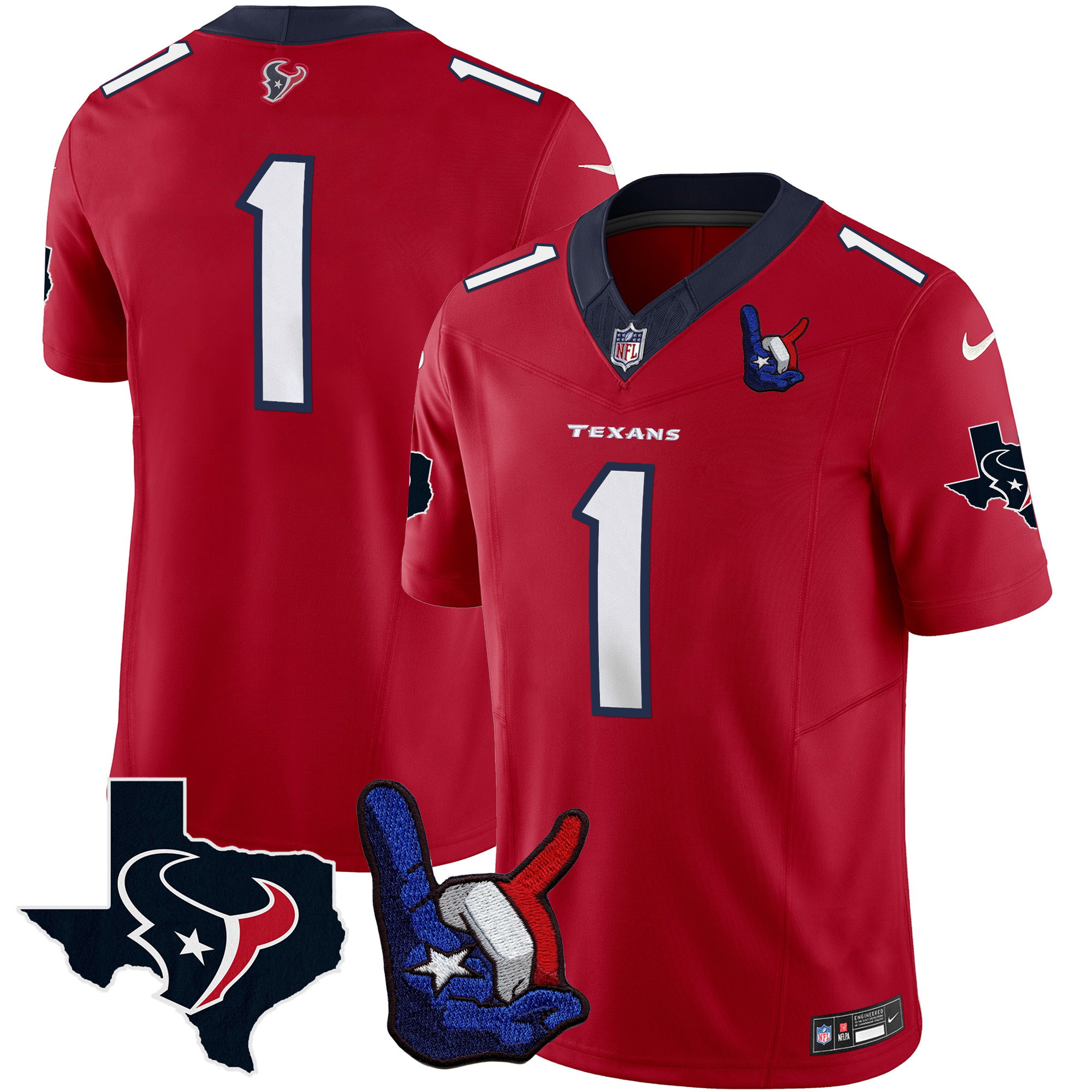 #1 Team Men's Houston Texans Hand Sign Throwing Up The H Vapor Red Jersey - All Stitched