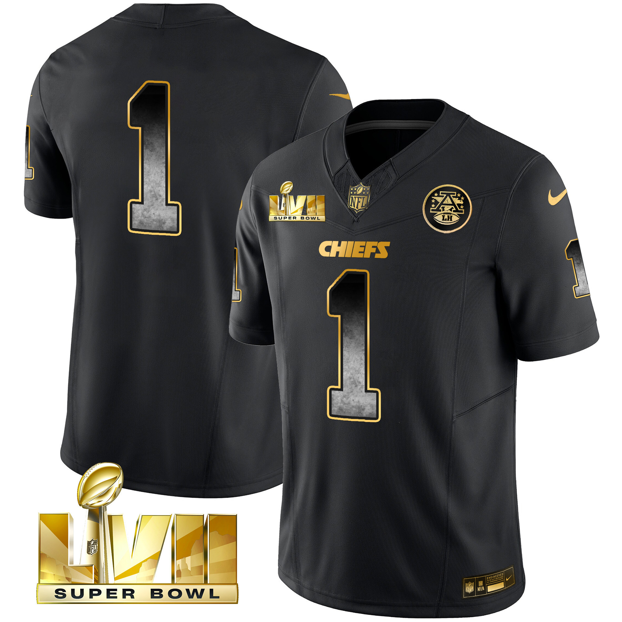 #1 Team Men's Kansas City Chiefs Gold Arch Smoke Vapor Black Gold Jersey - All Stitched