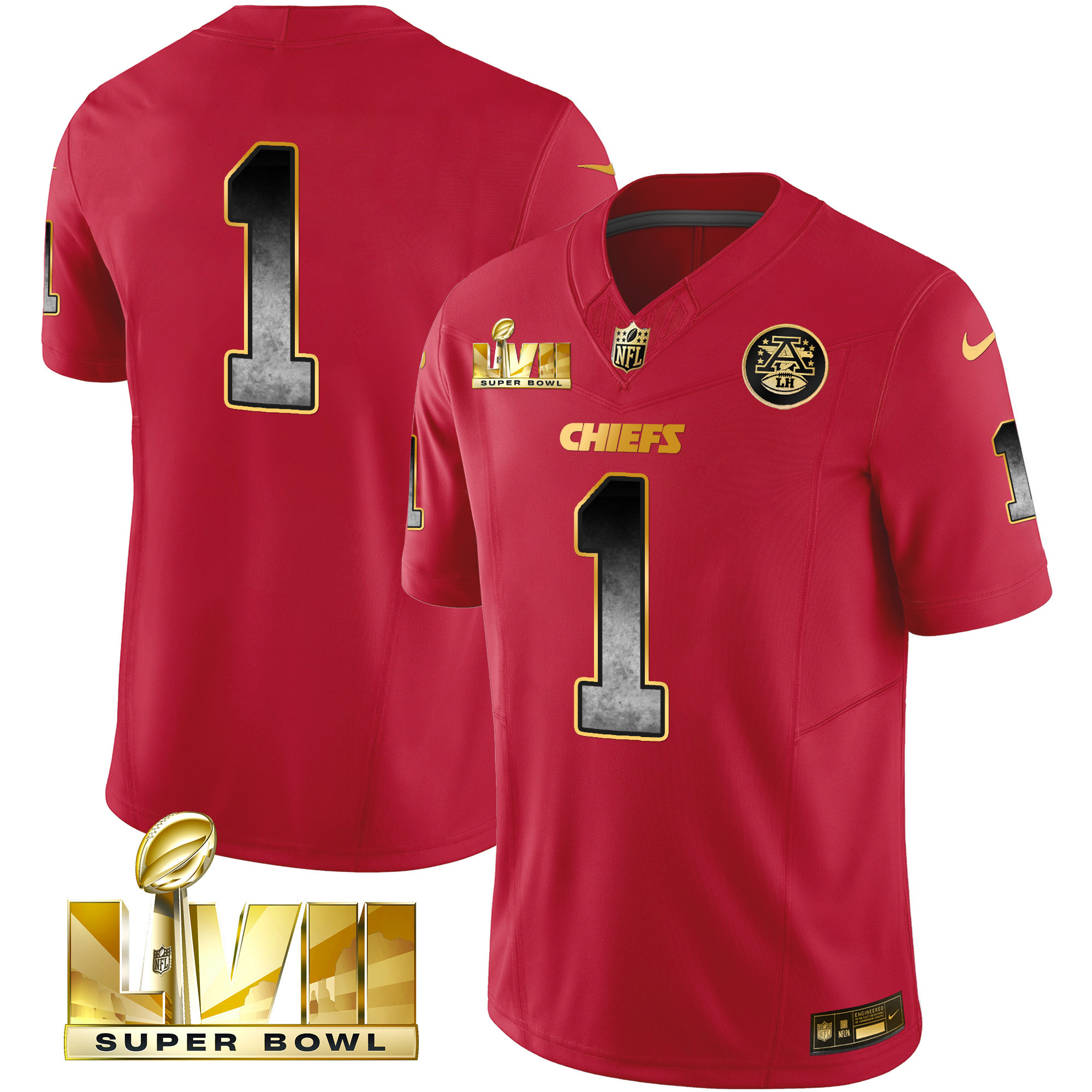 #1 Team Men's Kansas City Chiefs Gold Arch Smoke Vapor Red Gold Jersey - All Stitched