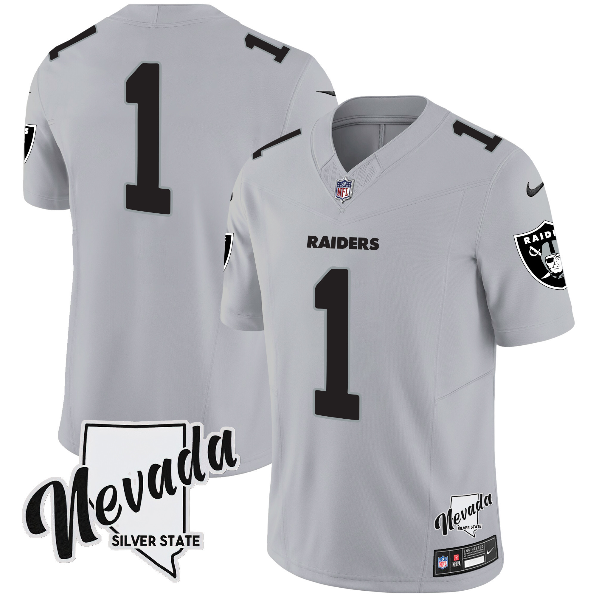 #1 Team Men's Las Vegas Raiders Nevada Silver State Patch Vapor Gray Jersey - All Stitched