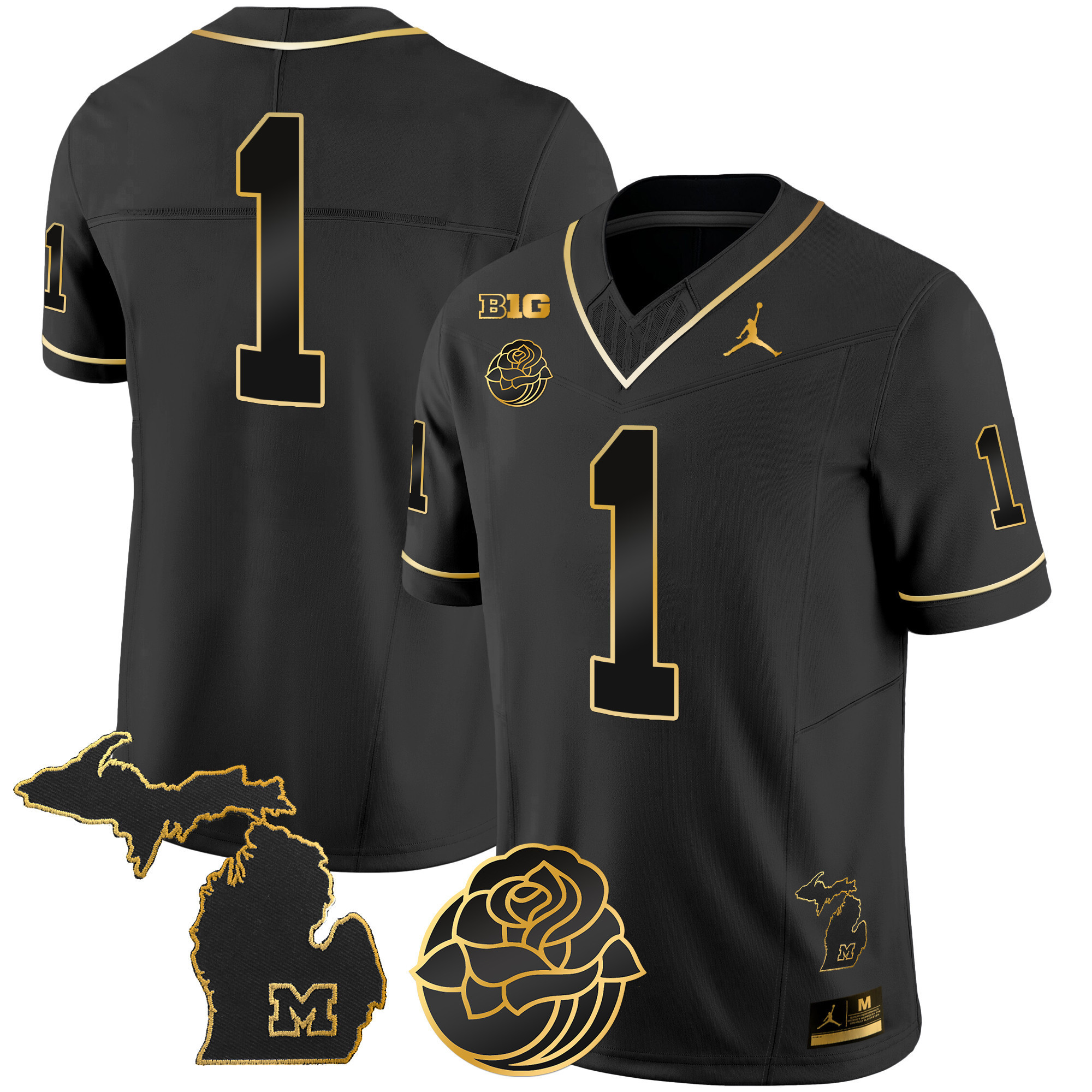 #1 Team Men's Michigan Wolverines Rose Bowl Patch Gold Vapor Black Gold Jersey - All Stitched