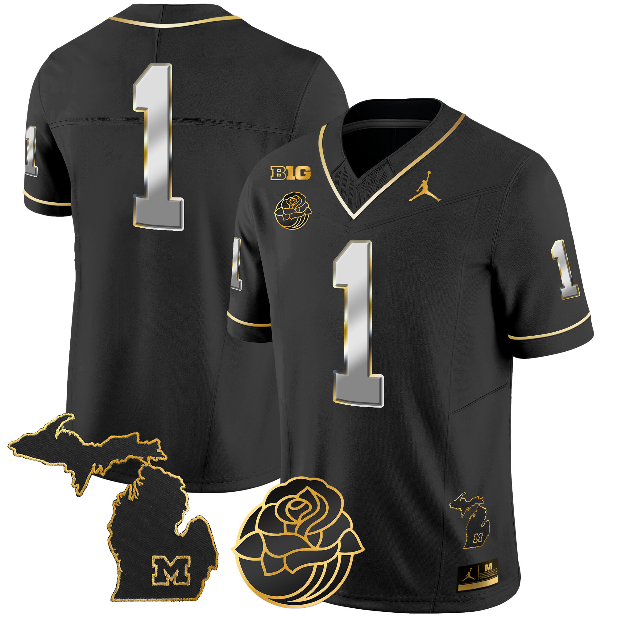 #1 Team Men's Michigan Wolverines Rose Bowl Patch Gold Vapor Black Limited Jersey - All Stitched