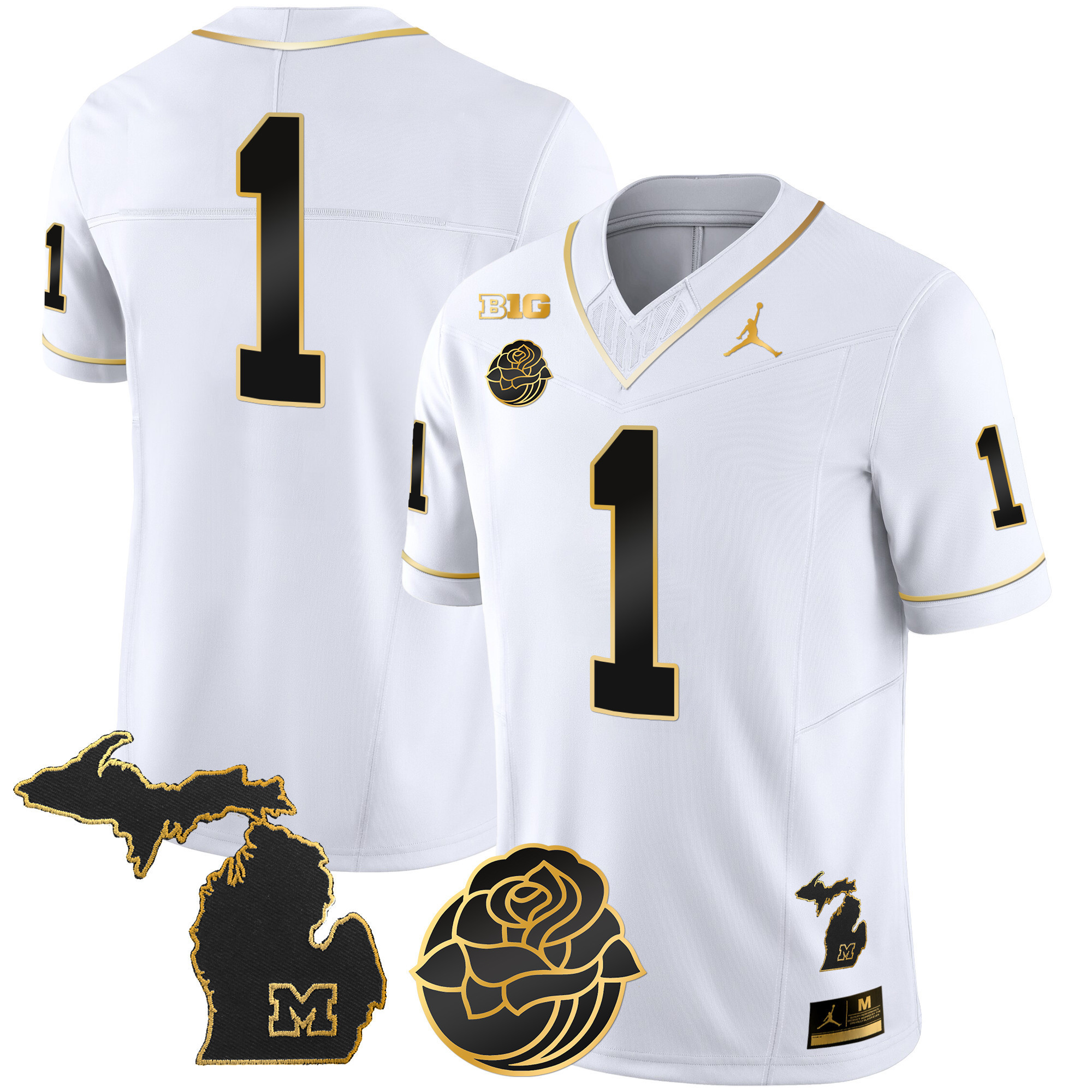 #1 Team Men's Michigan Wolverines Rose Bowl Patch Gold Vapor White Gold Jersey - All Stitched