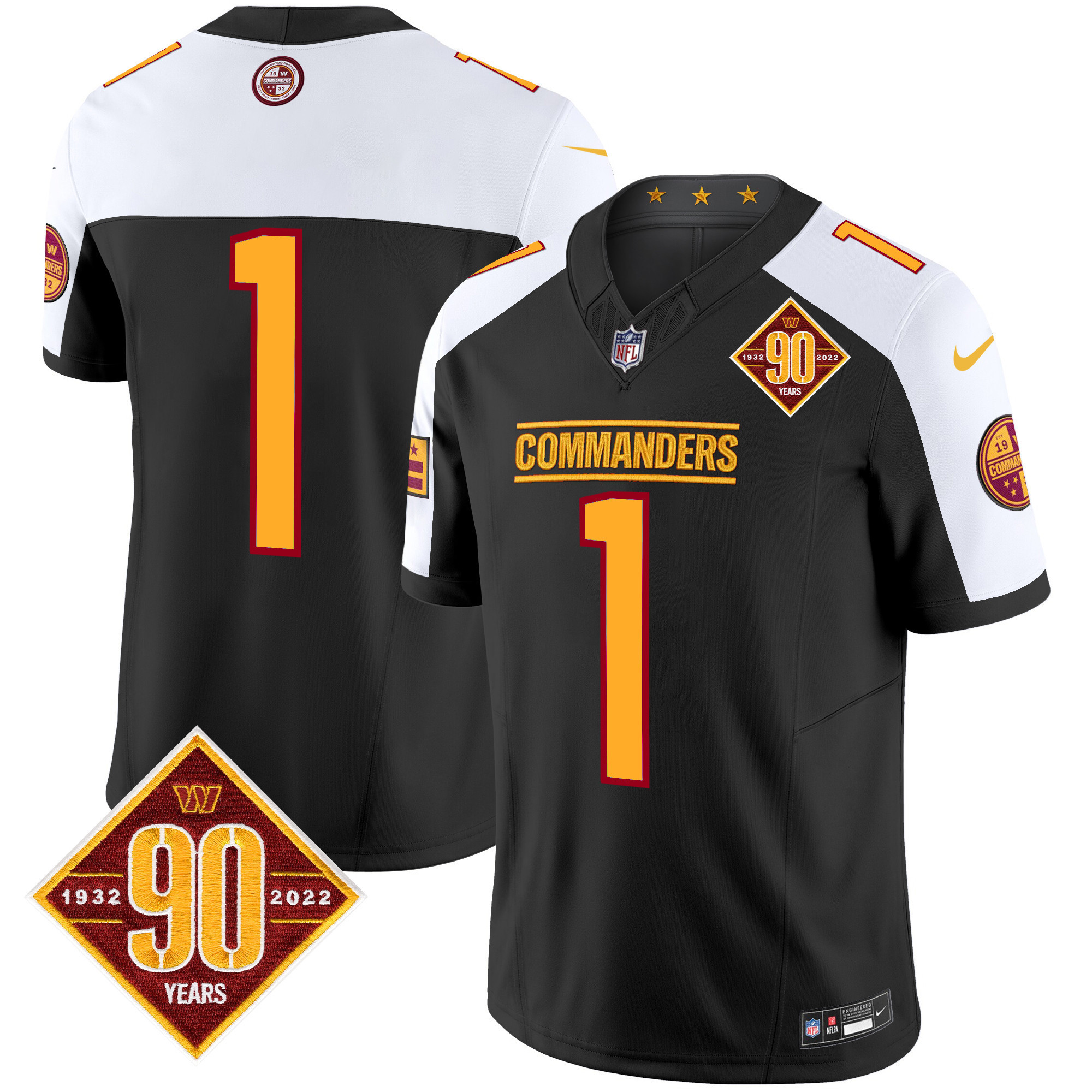 #1 Team Men's Washington Commanders 90th Anniversary Patch Vapor Limited Black Alternate Jersey - All Stitched
