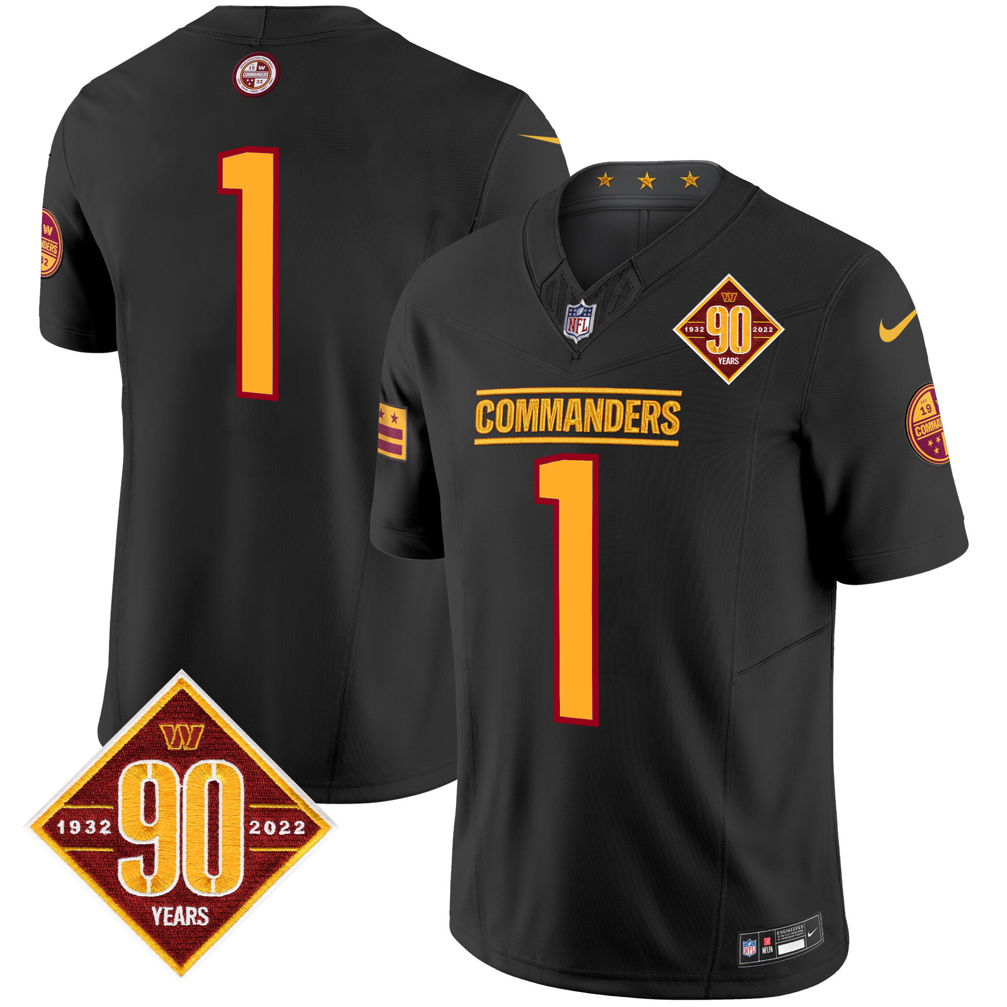 #1 Team Men's Washington Commanders 90th Anniversary Patch Vapor Limited Black Jersey - All Stitched