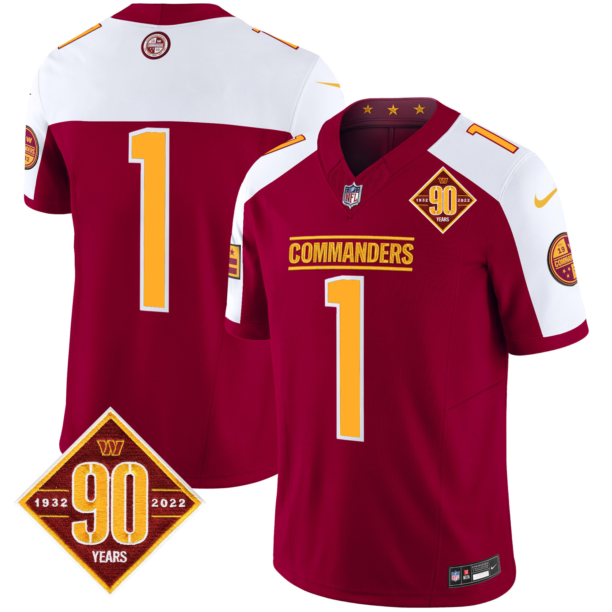 #1 Team Men's Washington Commanders 90th Anniversary Patch Vapor Limited Burgundy Alternate Jersey - All Stitched