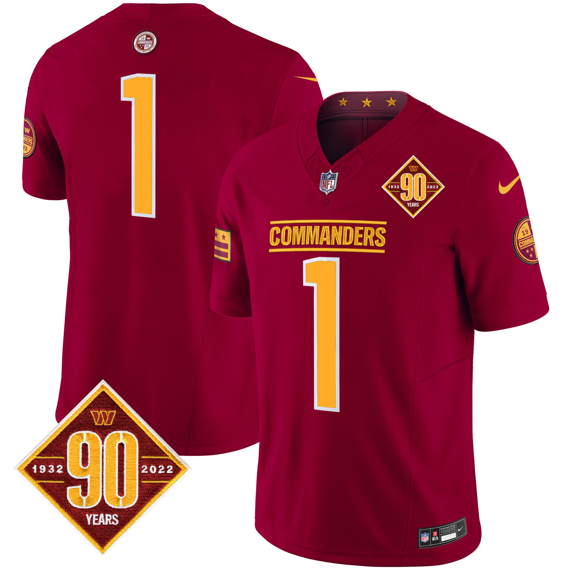#1 Team Men's Washington Commanders 90th Anniversary Patch Vapor Limited Burgundy Jersey - All Stitched