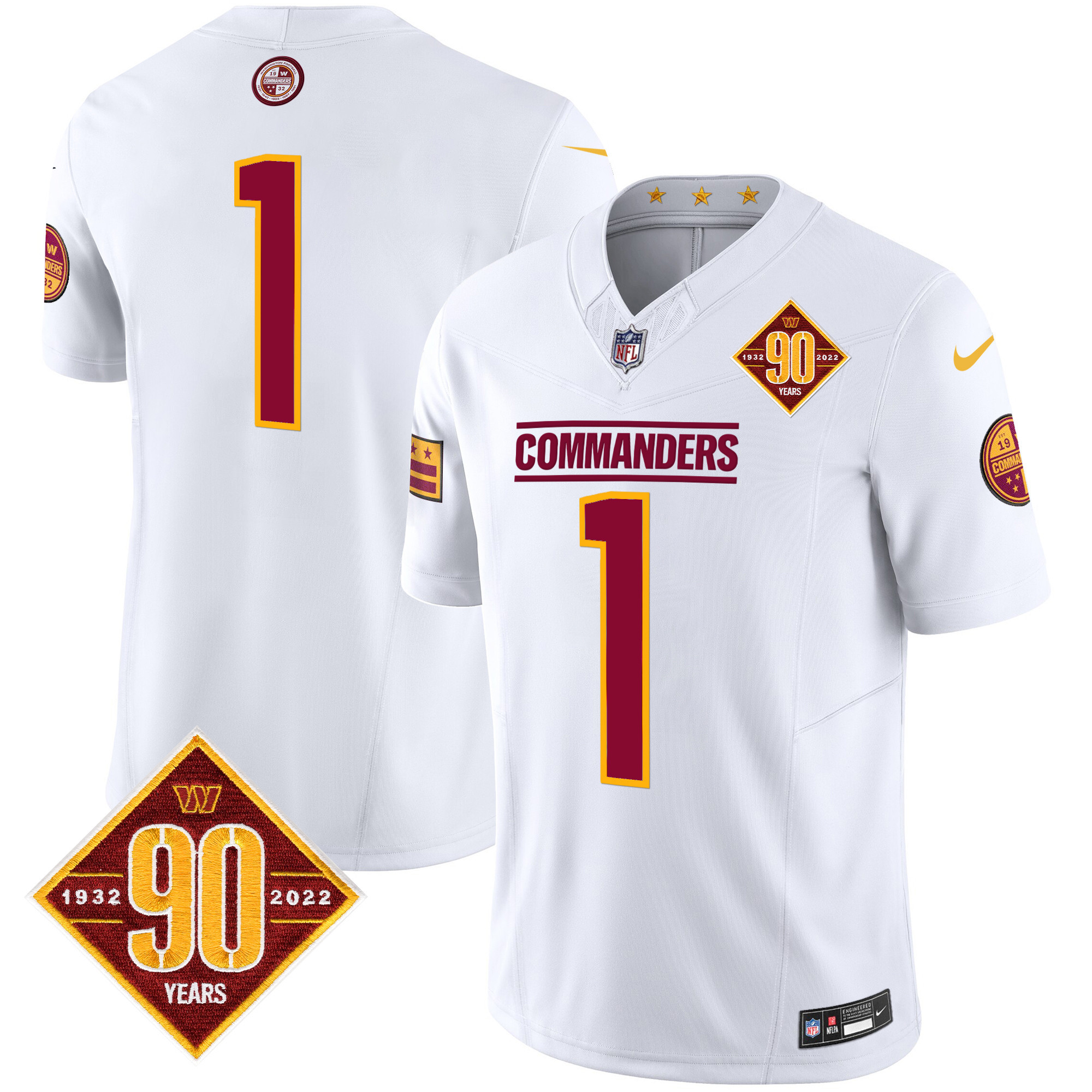 #1 Team Men's Washington Commanders 90th Anniversary Patch Vapor Limited White Jersey - All Stitched
