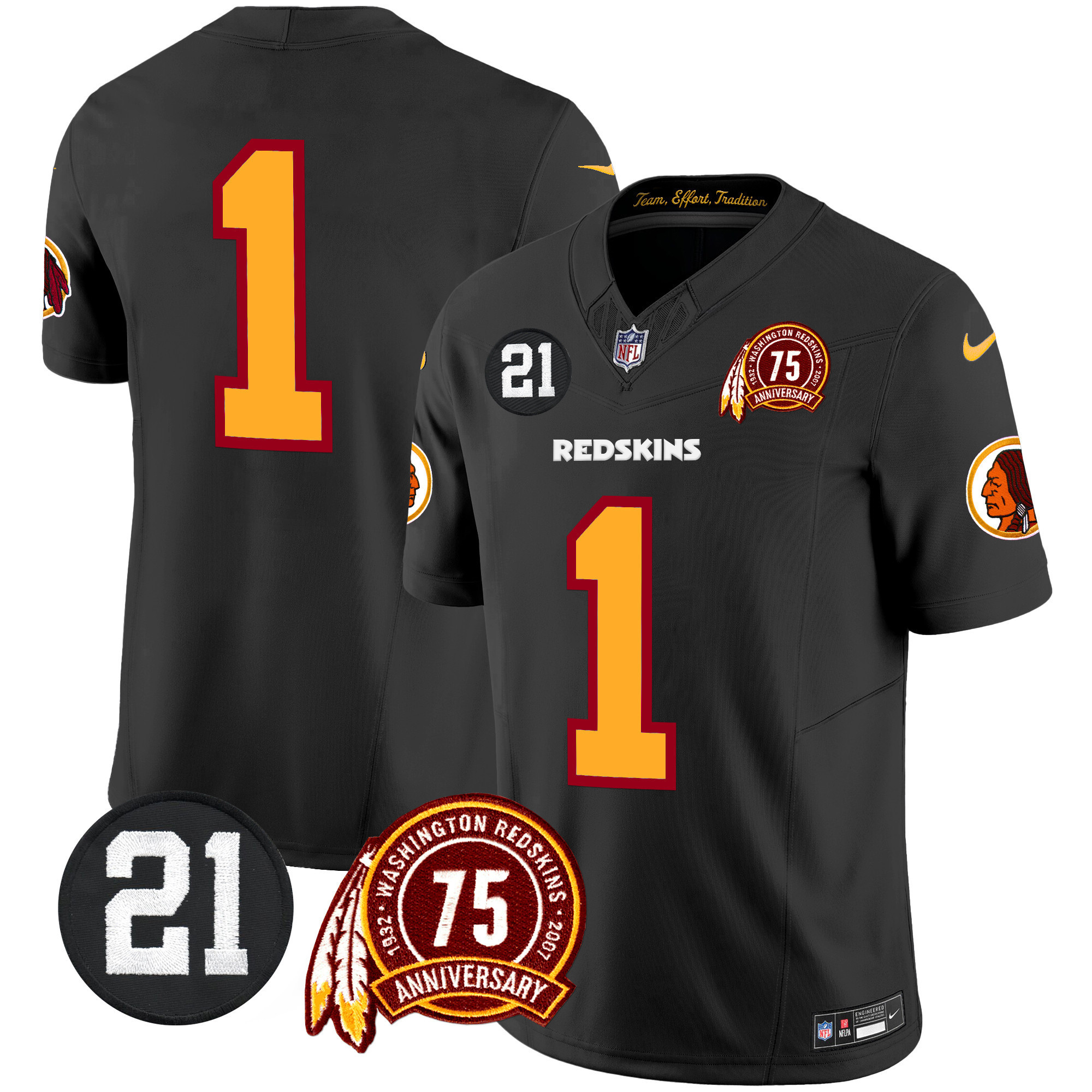#1 Team Men's Washington Redskins 75th & Sean Taylor Patch Vapor Limited Black Jersey - All Stitched