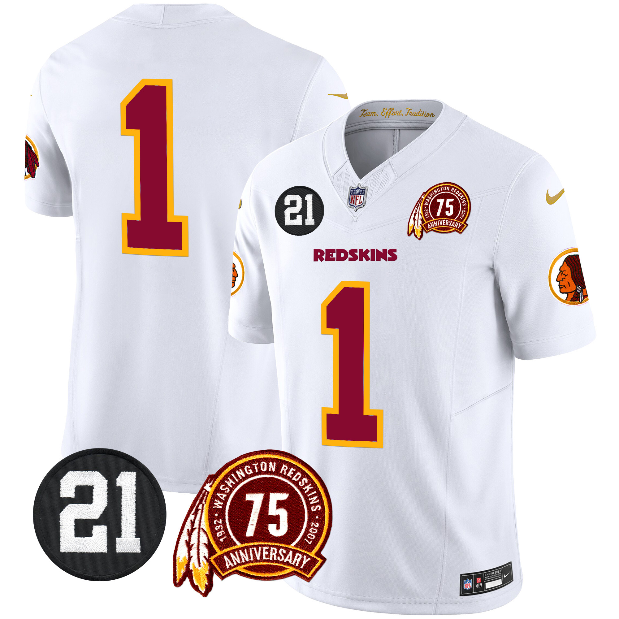 #1 Team Men's Washington Redskins 75th & Sean Taylor Patch Vapor Limited White Jersey - All Stitched