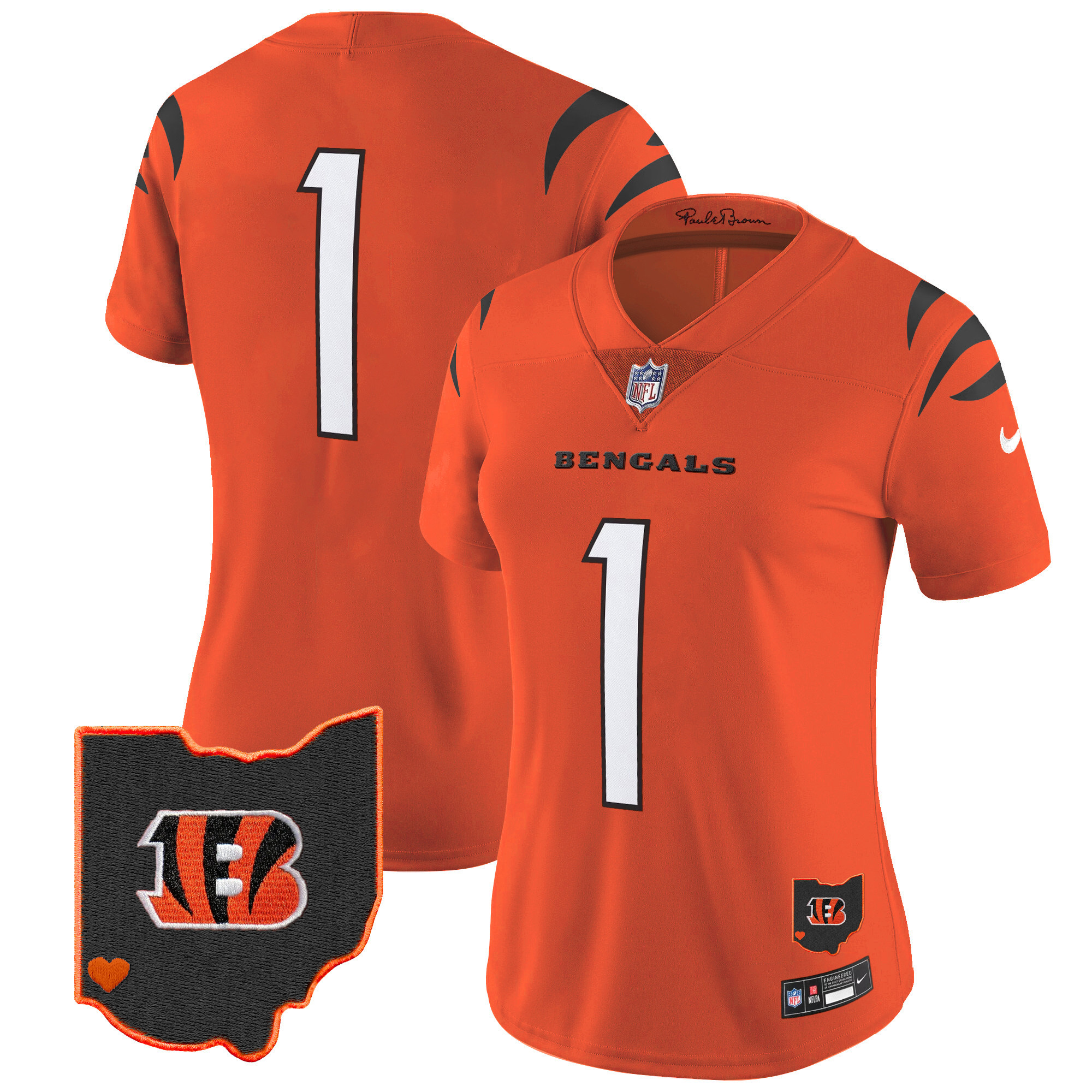 #1 Team Women's Cincinnati Bengals Ohio Patch Vapor Limited Orange Jersey - All Stitched