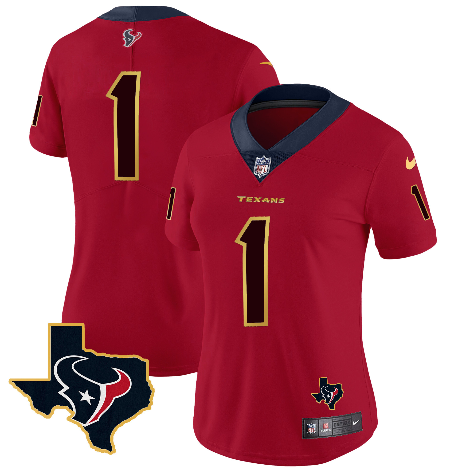 #1 Team Women's Houston Texans Gold Trim Vapor Red Jersey - All Stitched