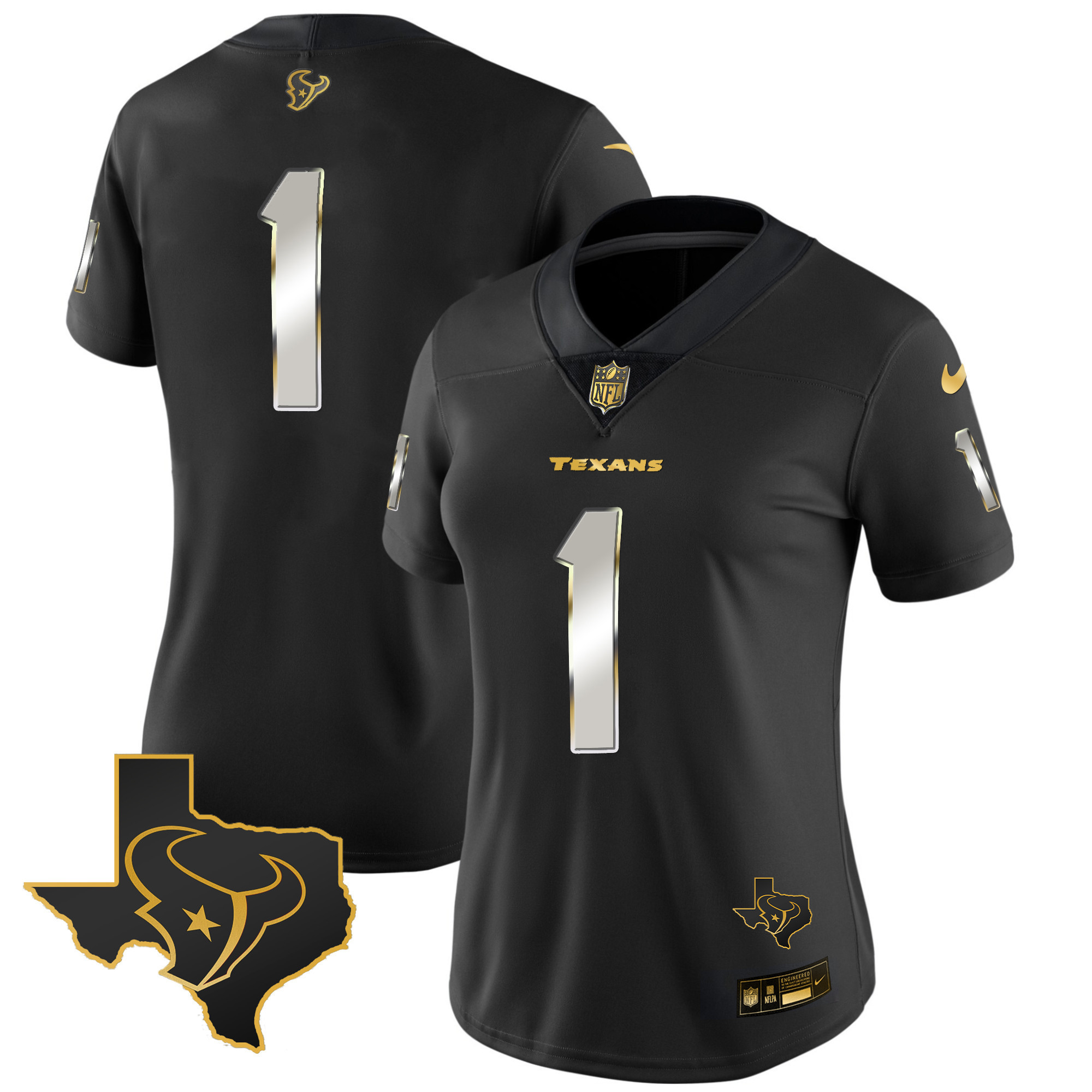 #1 Team Women's Houston Texans Gold Vapor Limited Black Limited Jersey - All Stitched