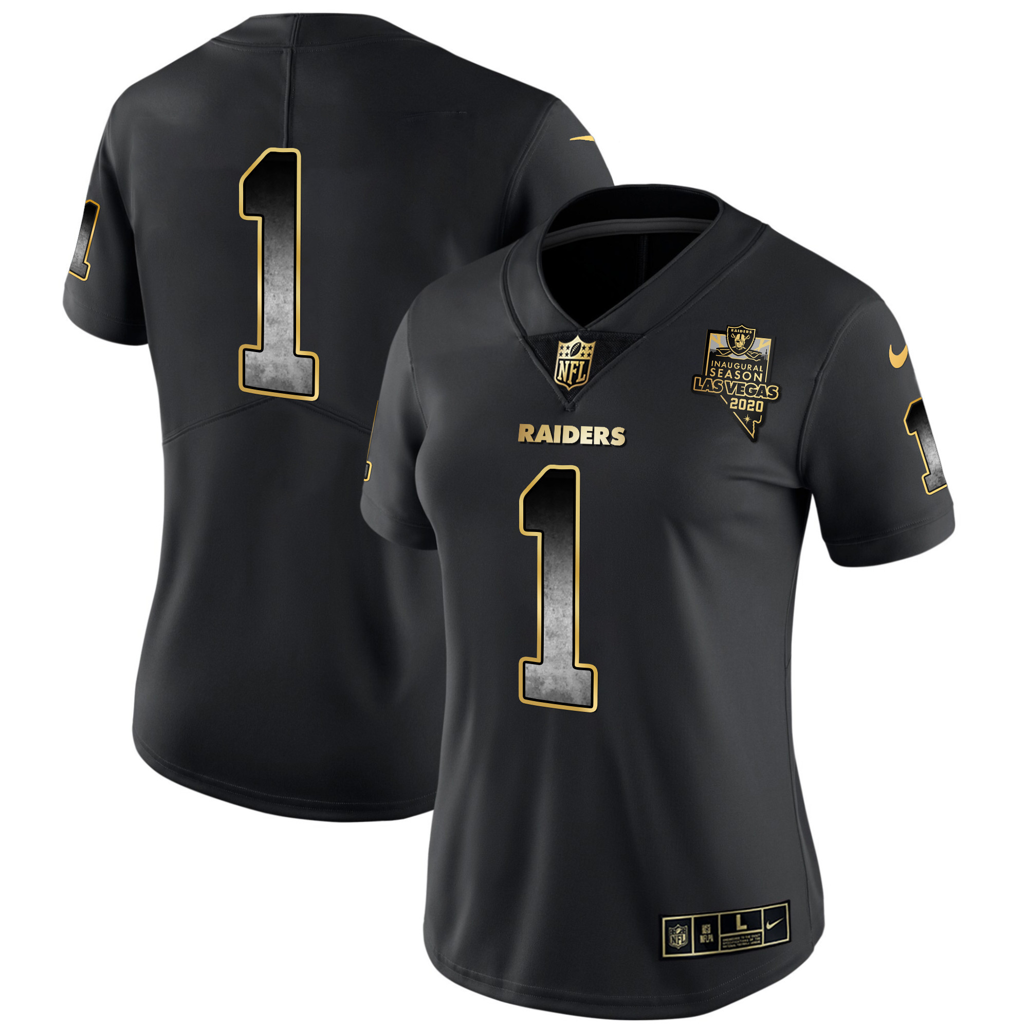 #1 Team Women's Las Vegas Raiders Gold Arch Smoke Vapor Black Gold Jersey - All Stitched