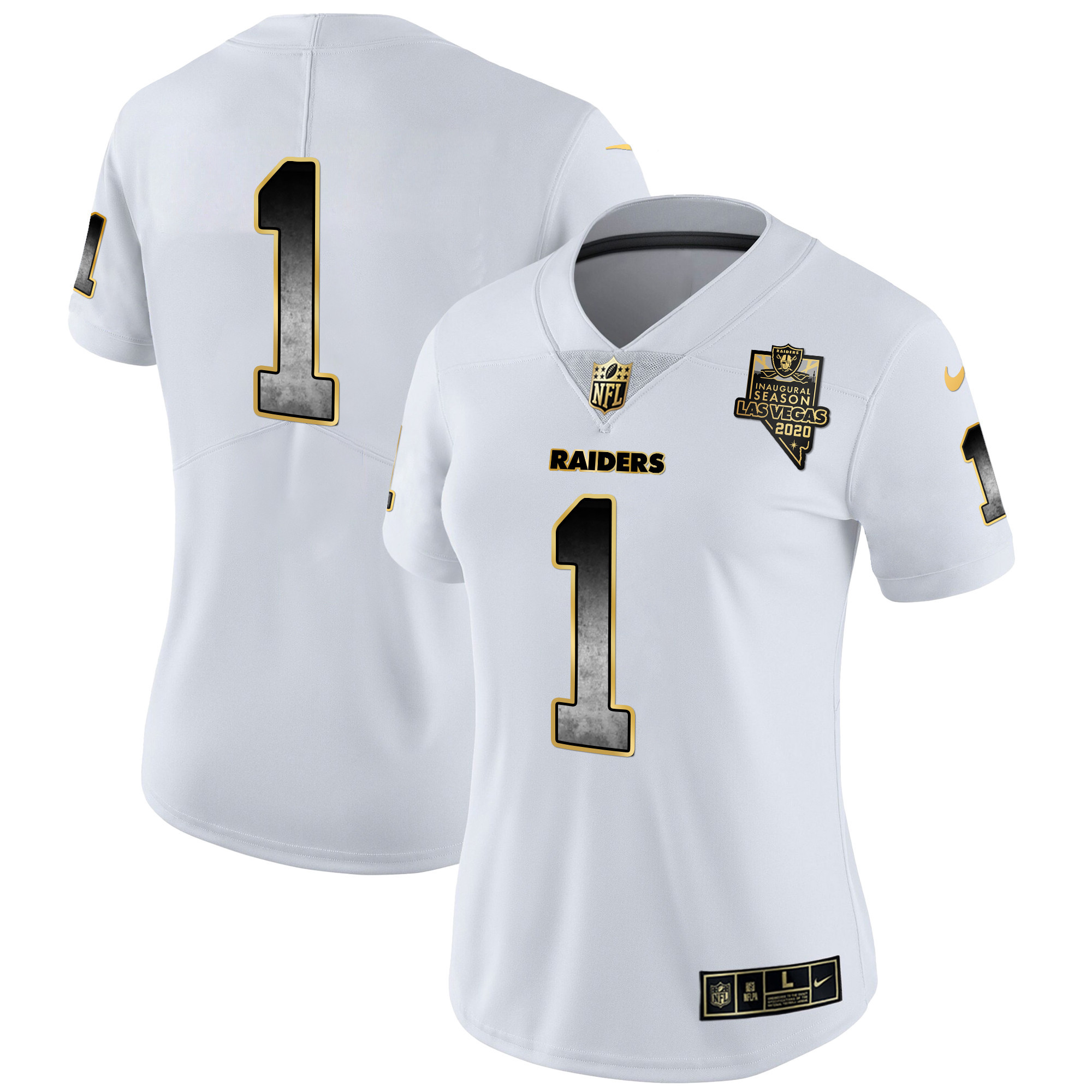 #1 Team Women's Las Vegas Raiders Gold Arch Smoke Vapor White Gold Jersey - All Stitched