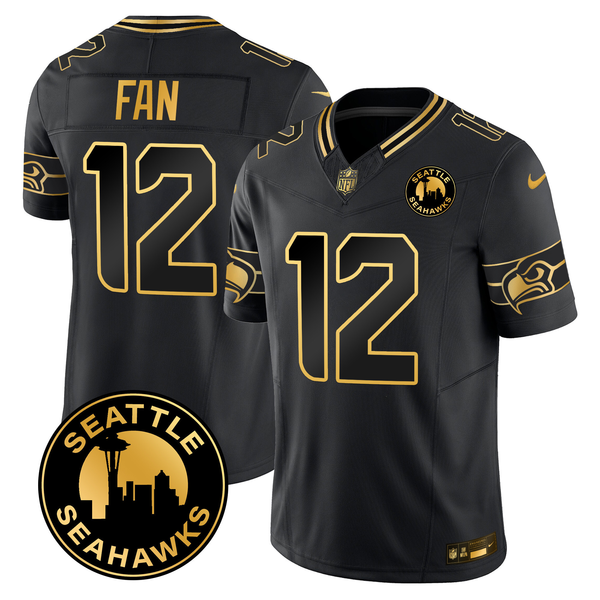 12Th Fan Men's Seattle Seahawks 2024 Seattle City Patch Gold Vapor Limited Black Gold Jersey - All Stitched