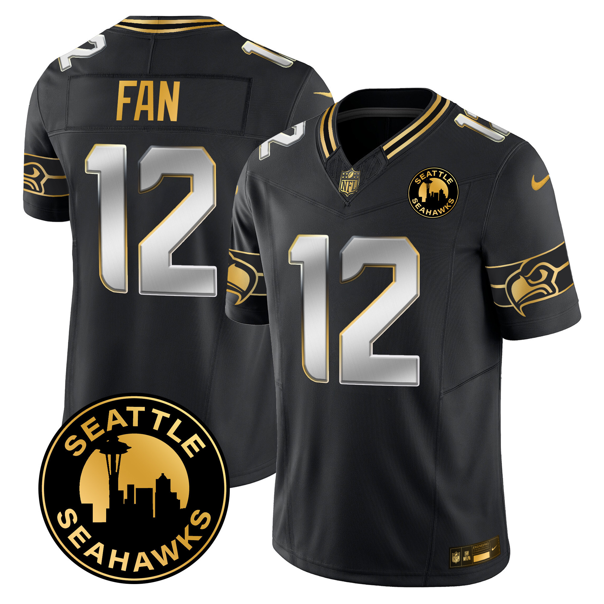 12Th Fan Men's Seattle Seahawks 2024 Seattle City Patch Gold Vapor Limited Black Limited Jersey - All Stitched