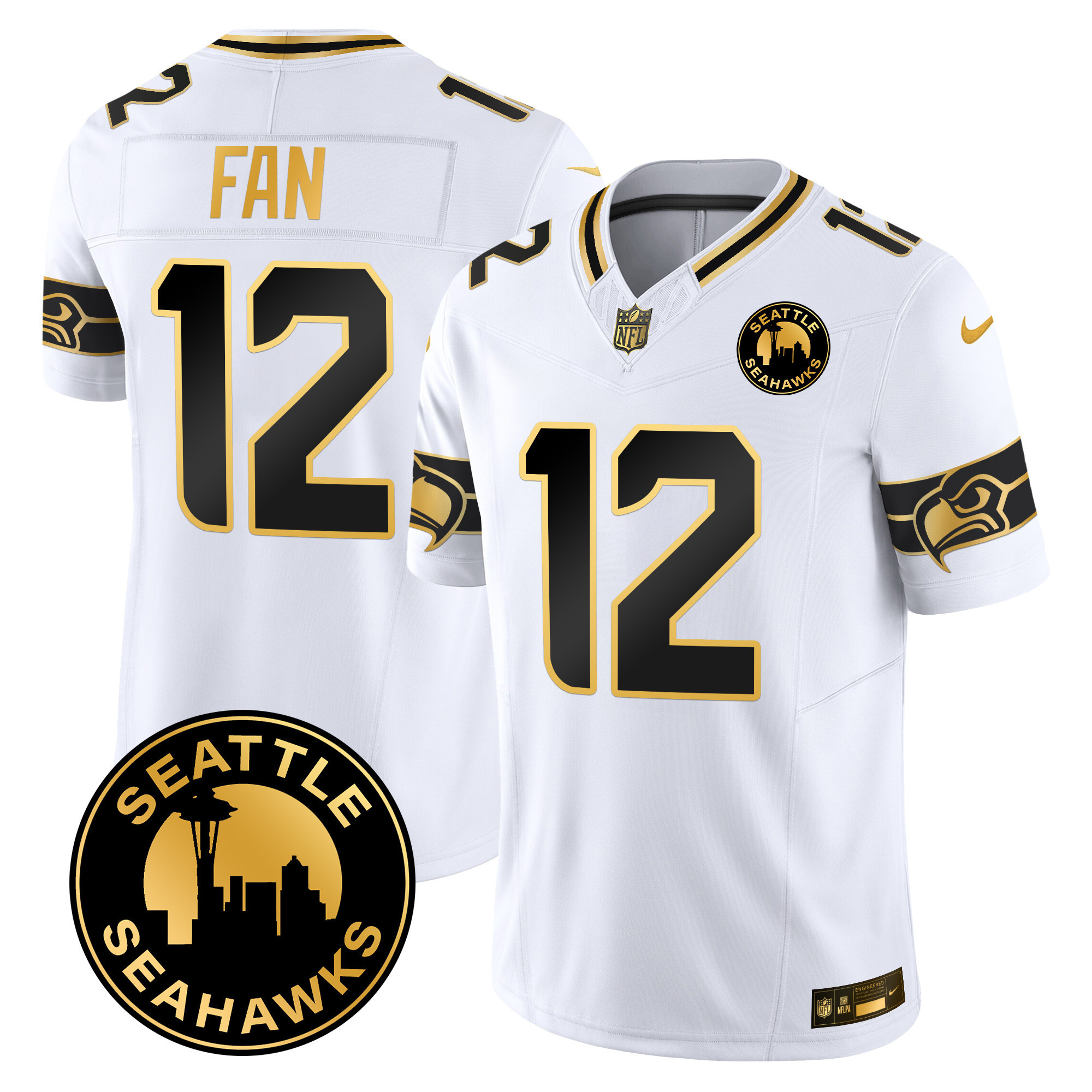 12Th Fan Men's Seattle Seahawks 2024 Seattle City Patch Gold Vapor Limited White Gold Jersey - All Stitched