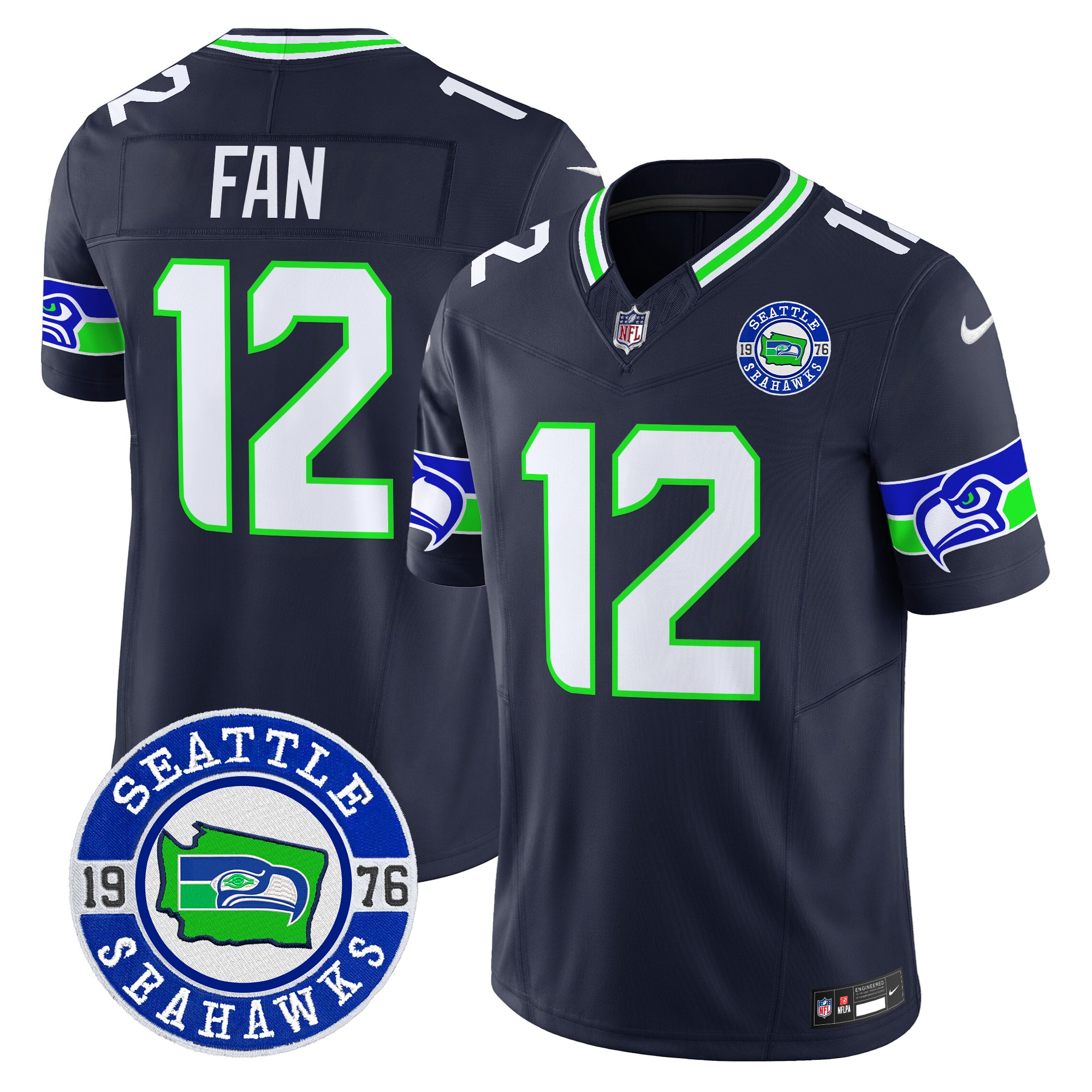 12Th Fan Men's Seattle Seahawks 2024 Seattle Est. 1976 Patch Vapor Limited Navy Jersey - All Stitched