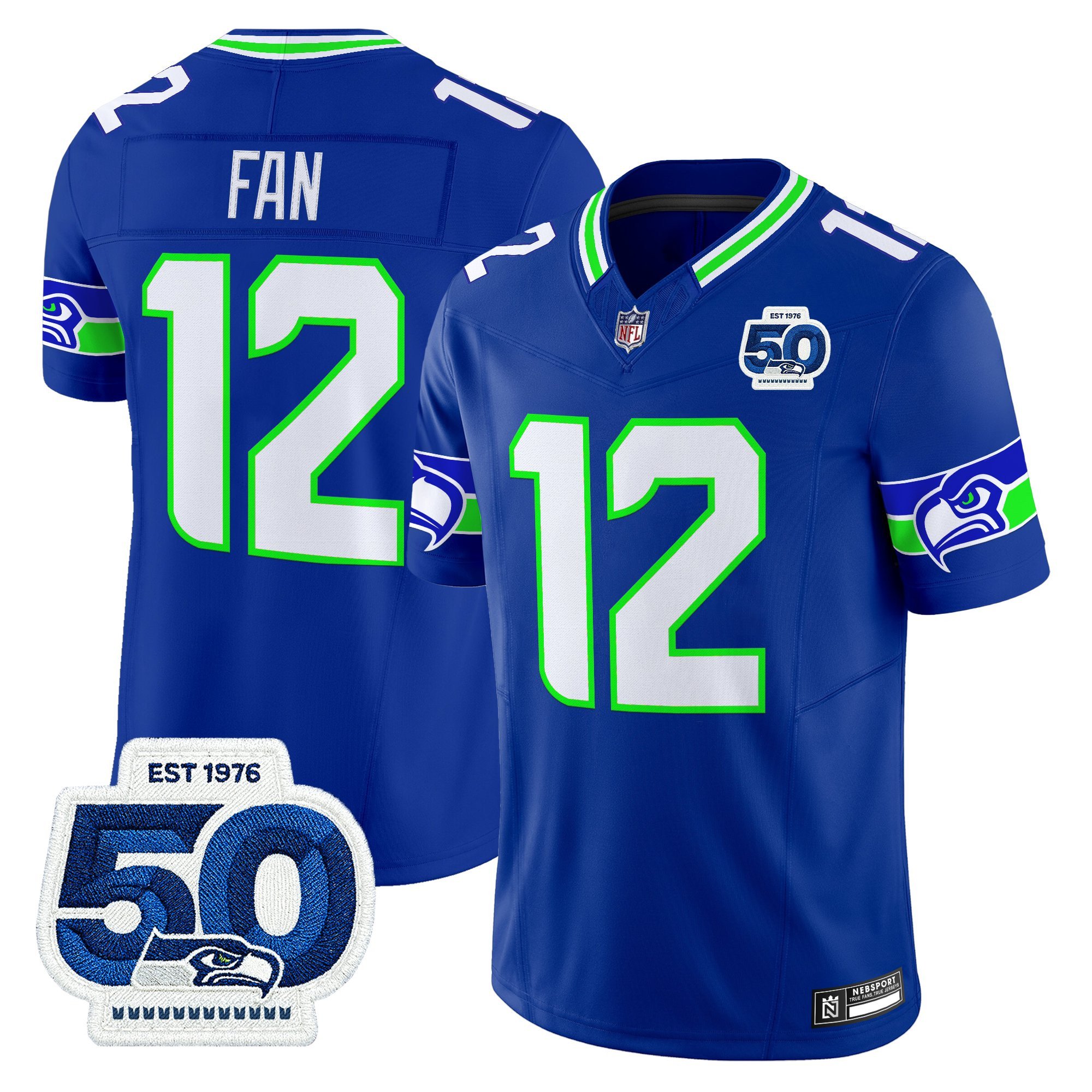 12th Fan Men's Seattle Seahawks 50th Anniversary Patch Vapor Limited Royal Jersey - All Stitched