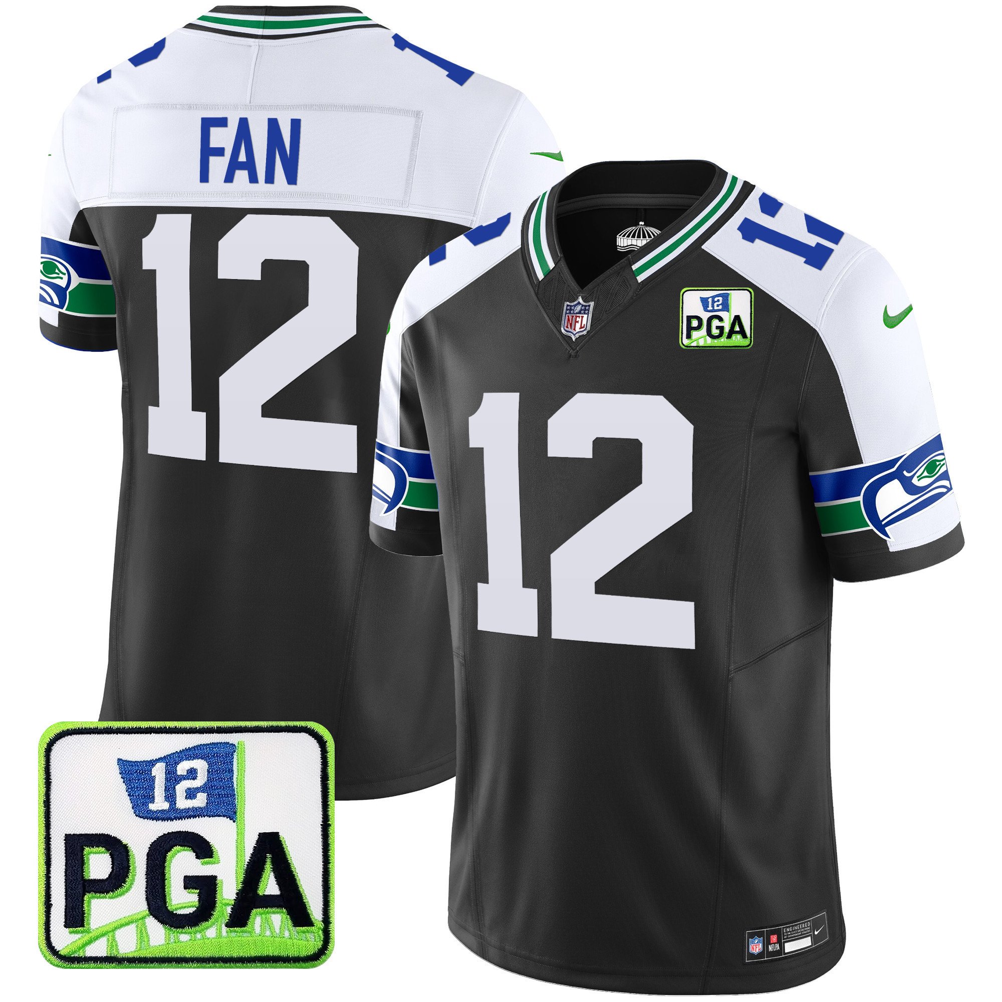 12th Fan Men's Seattle Seahawks PGA Patch Vapor Limited Black Alternate Jersey - All Stitched