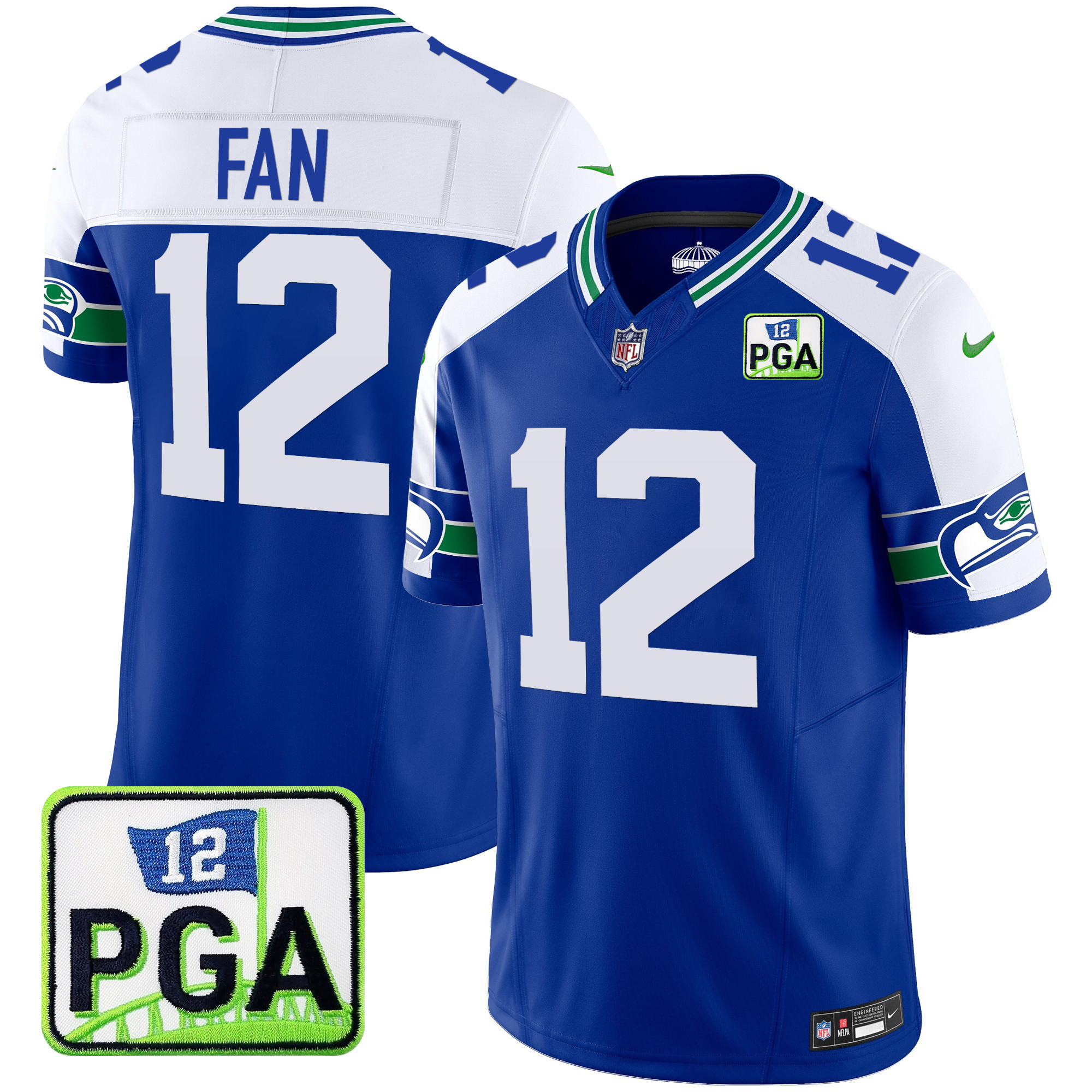 12th Fan Men's Seattle Seahawks PGA Patch Vapor Limited Royal Alternate Jersey - All Stitched