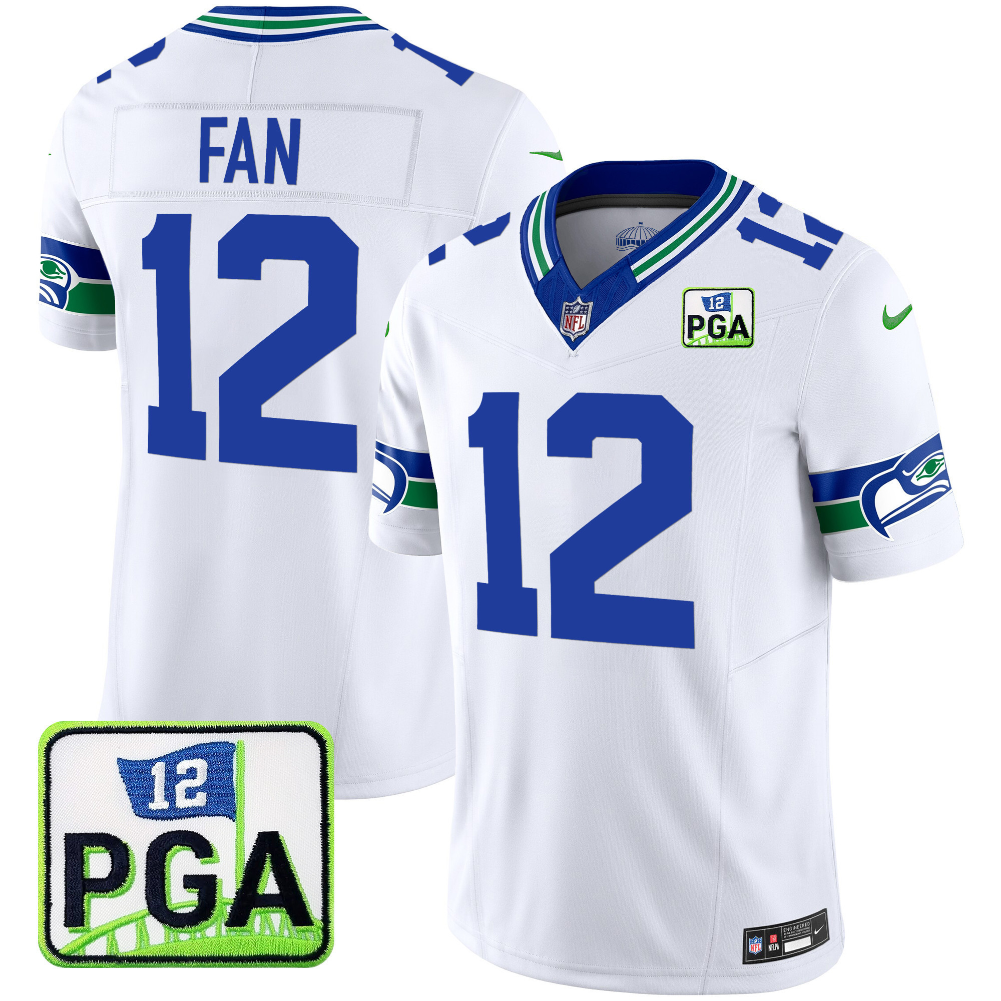 12th Fan Men's Seattle Seahawks PGA Patch Vapor Limited White Jersey - All Stitched