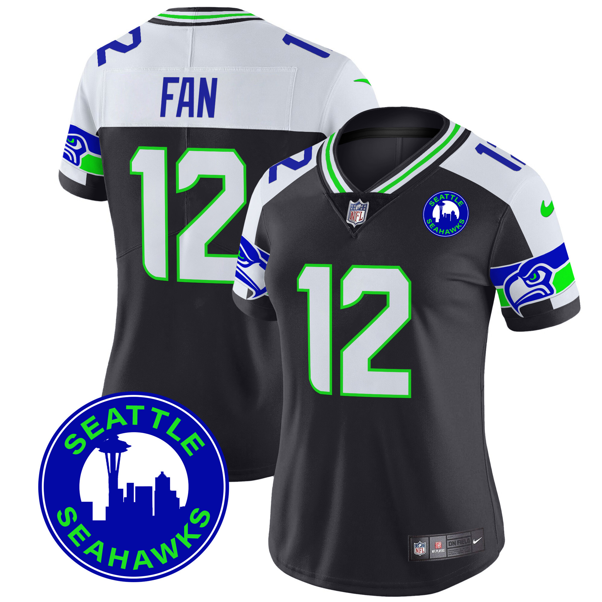 12Th Fan Women's Seattle Seahawks 2024 Seattle City Patch Vapor Limited Black Alternate Jersey - All Stitched