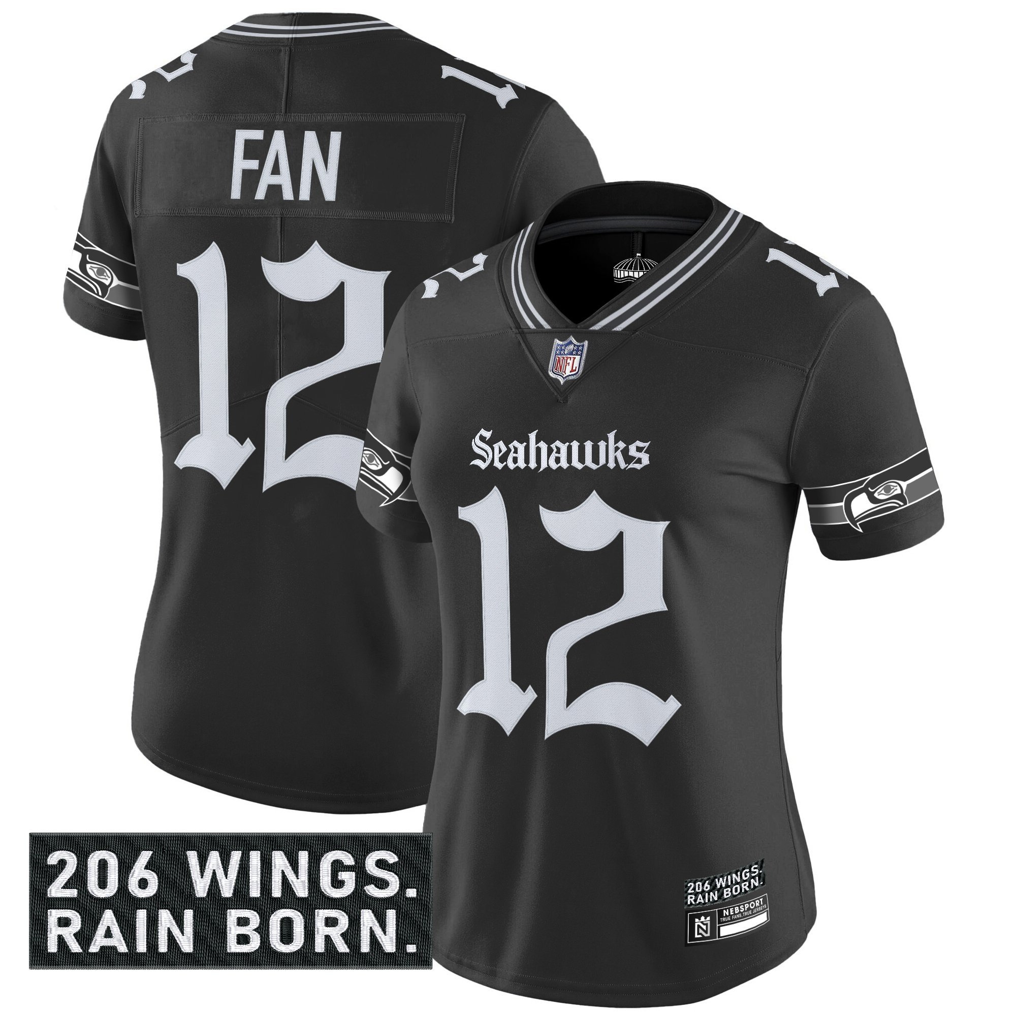 12th Fan Women's Seattle Seahawks 'Gothic Rain City Shadows Edition' Vapor Limited Black Jersey - All Stitched