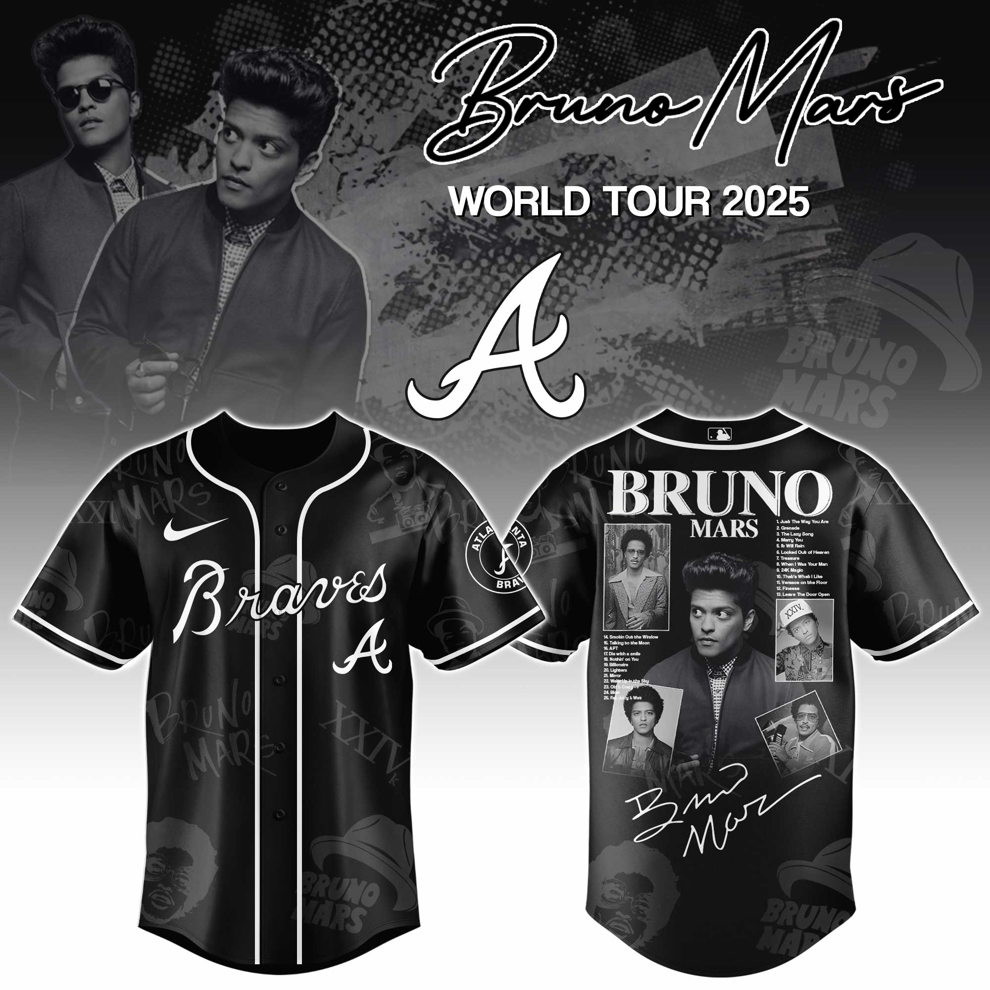 A Braves x Bruno Mars at Park MGM 2025 Baseball Jersey Editions Limited +Selling Out Fast