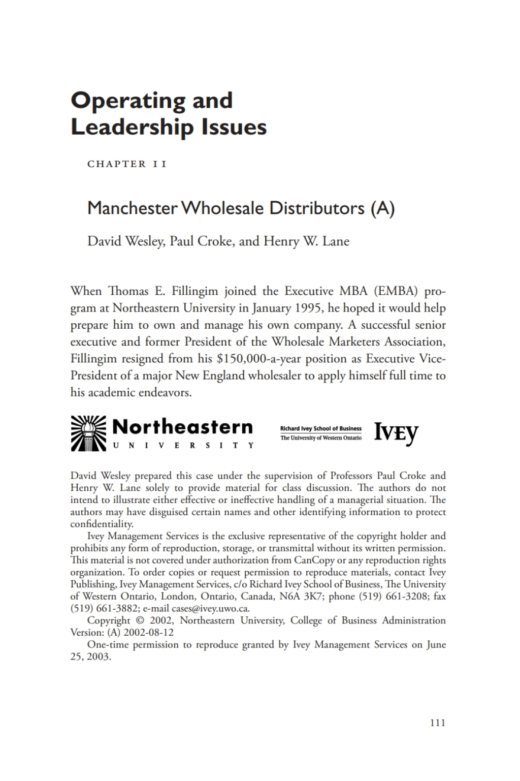 A Casebook on Corporate Renewal, Ch. 11 - Manchester Wholesale Distributors (A) 2nd Edition - (PDF/EPUB Version)