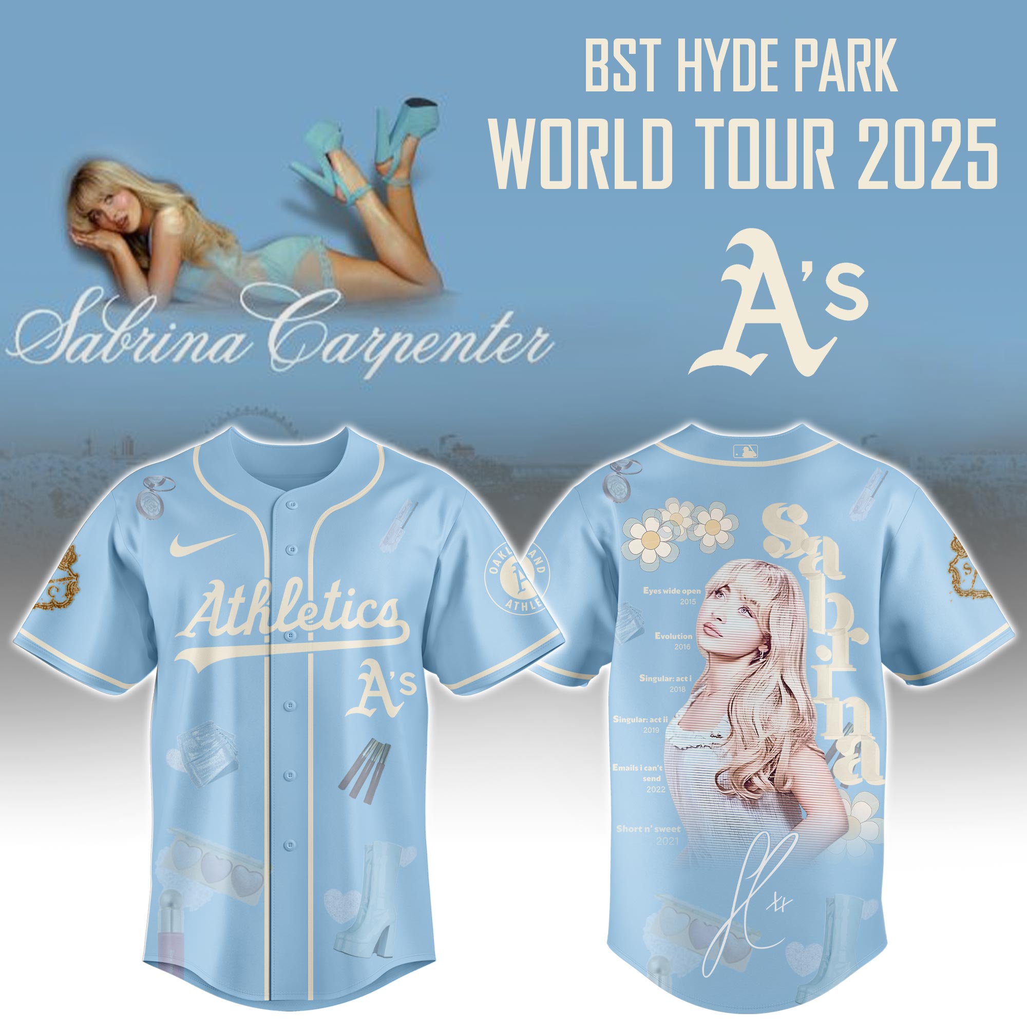 A t h l e t i c s x Sabrina Carpenter â€œShort nâ€™ Sweet Tourâ€ Baseball Baseball Jersey Editions Limited +Selling Out Fast