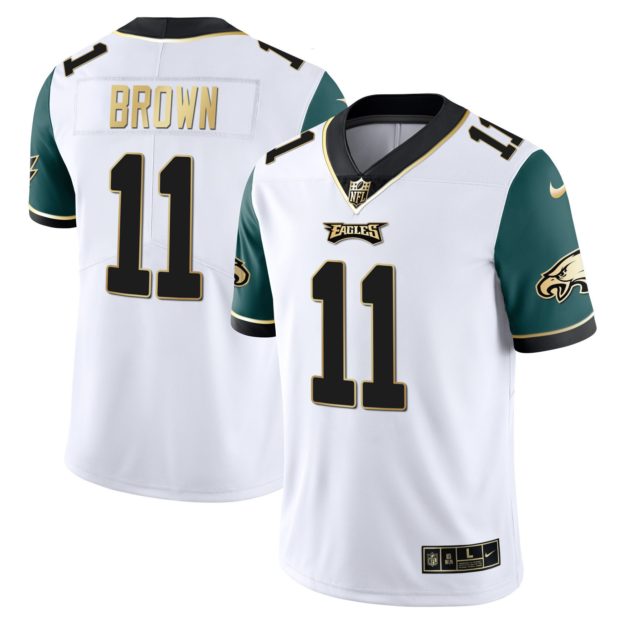 A.J. Brown Men's Philadelphia Eagles Gold & Split Vapor - All Stitched Midnight Green Sleeves Jersey - All Stitched