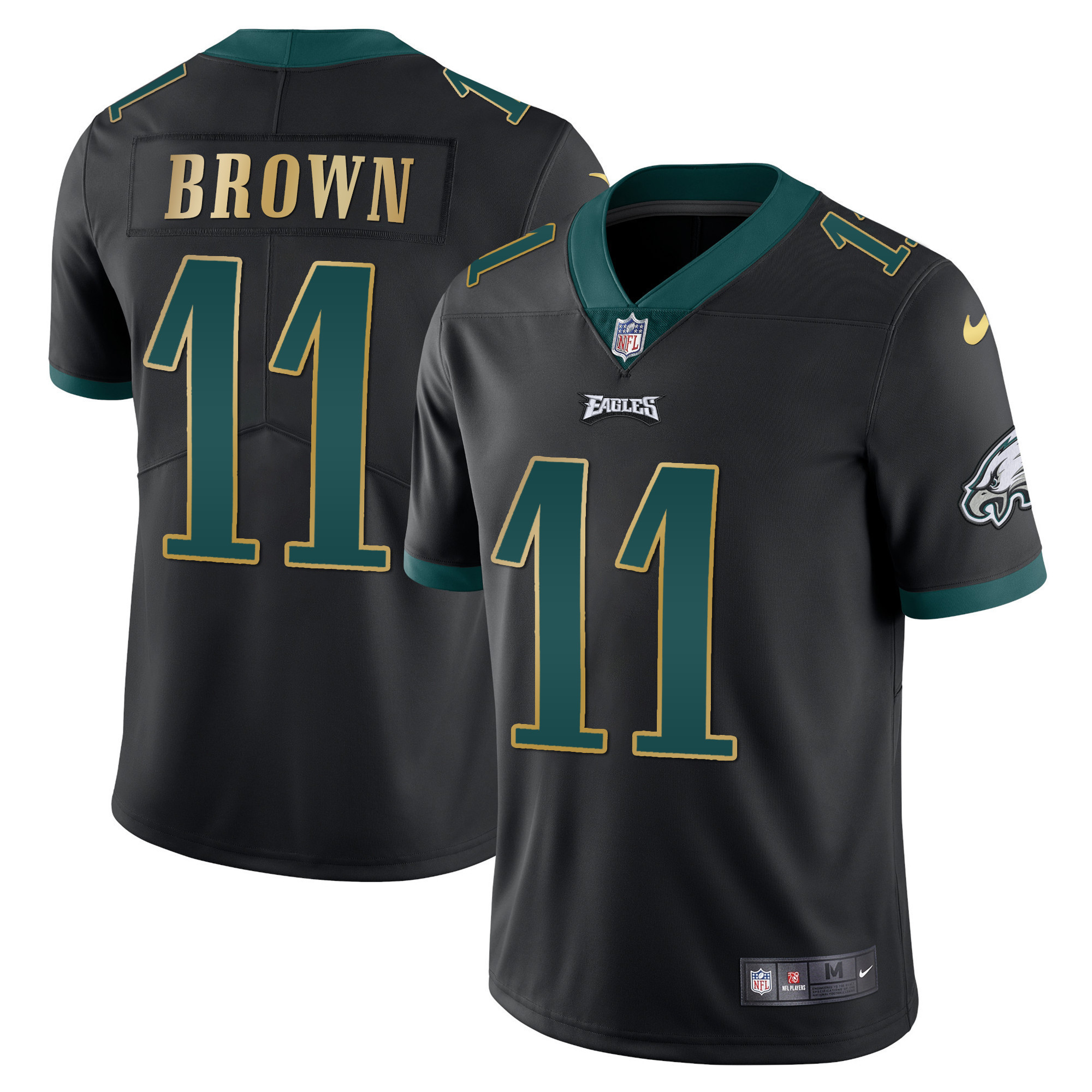 A.J. Brown Men's Philadelphia Eagles Gold Trim Vapor Player Black Gold Trim Jersey - All Stitched