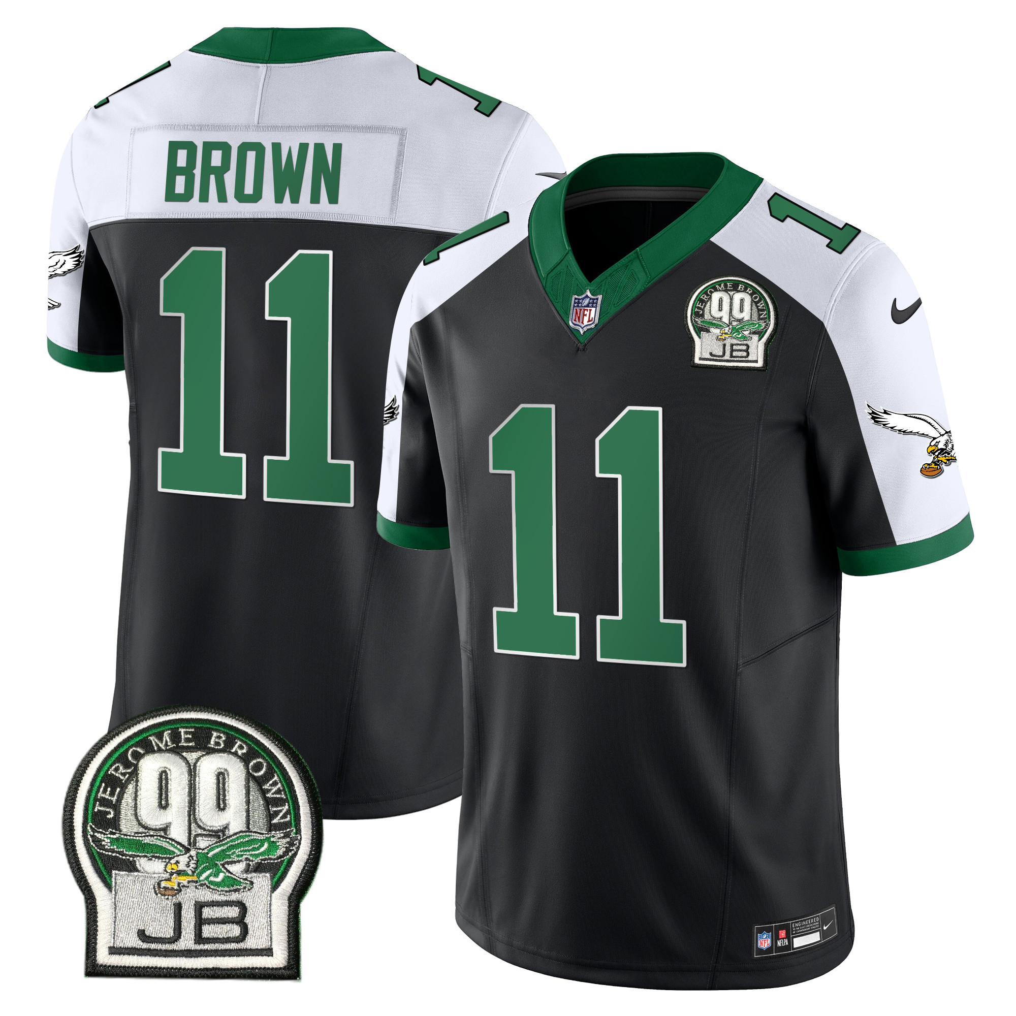 A.J. Brown Men's Philadelphia Eagles Jerome Brown Patch Kelly Green Alternate Black Alternate Jersey - All Stitched