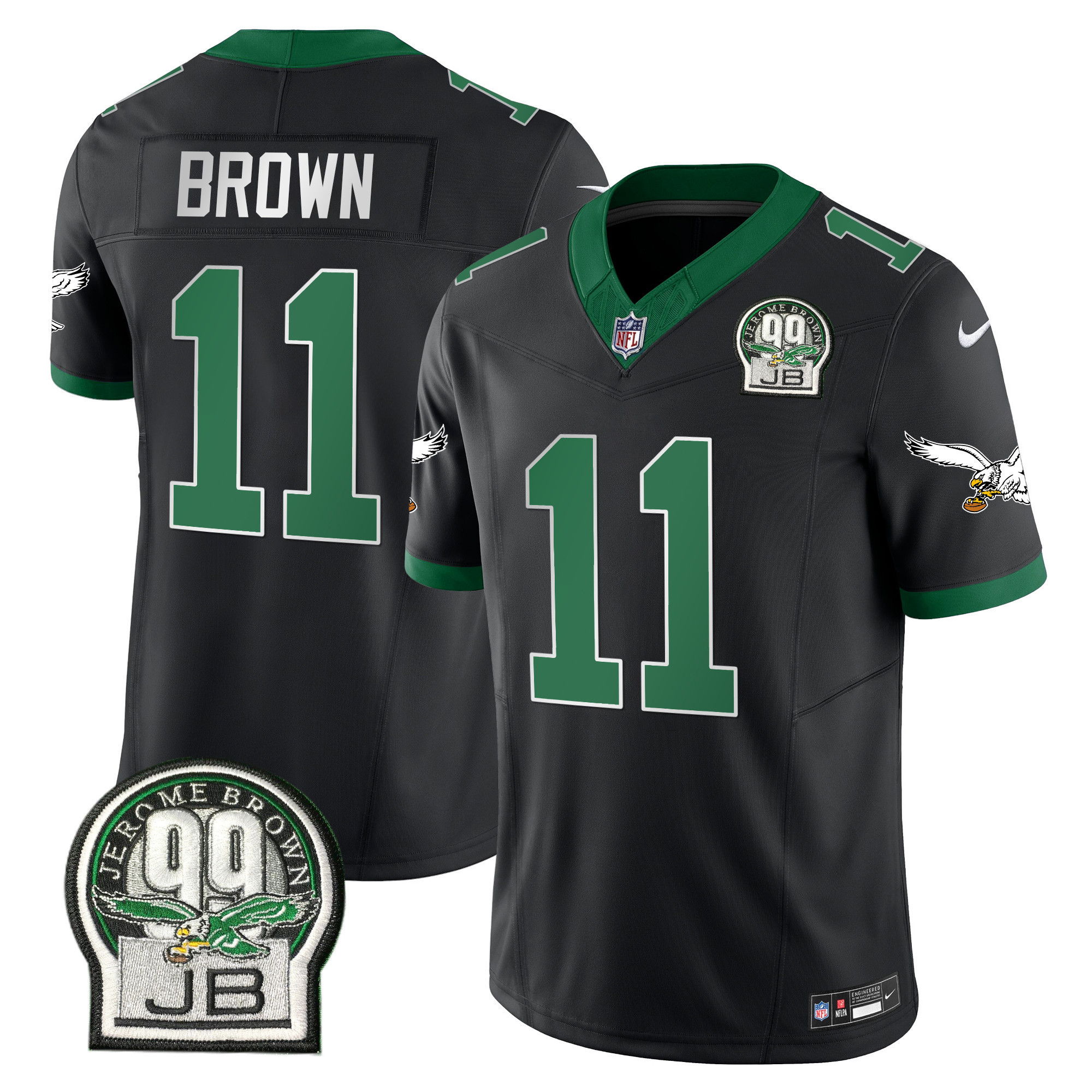 A.J. Brown Men's Philadelphia Eagles Jerome Brown Patch Kelly Green Alternate Black Jersey - All Stitched