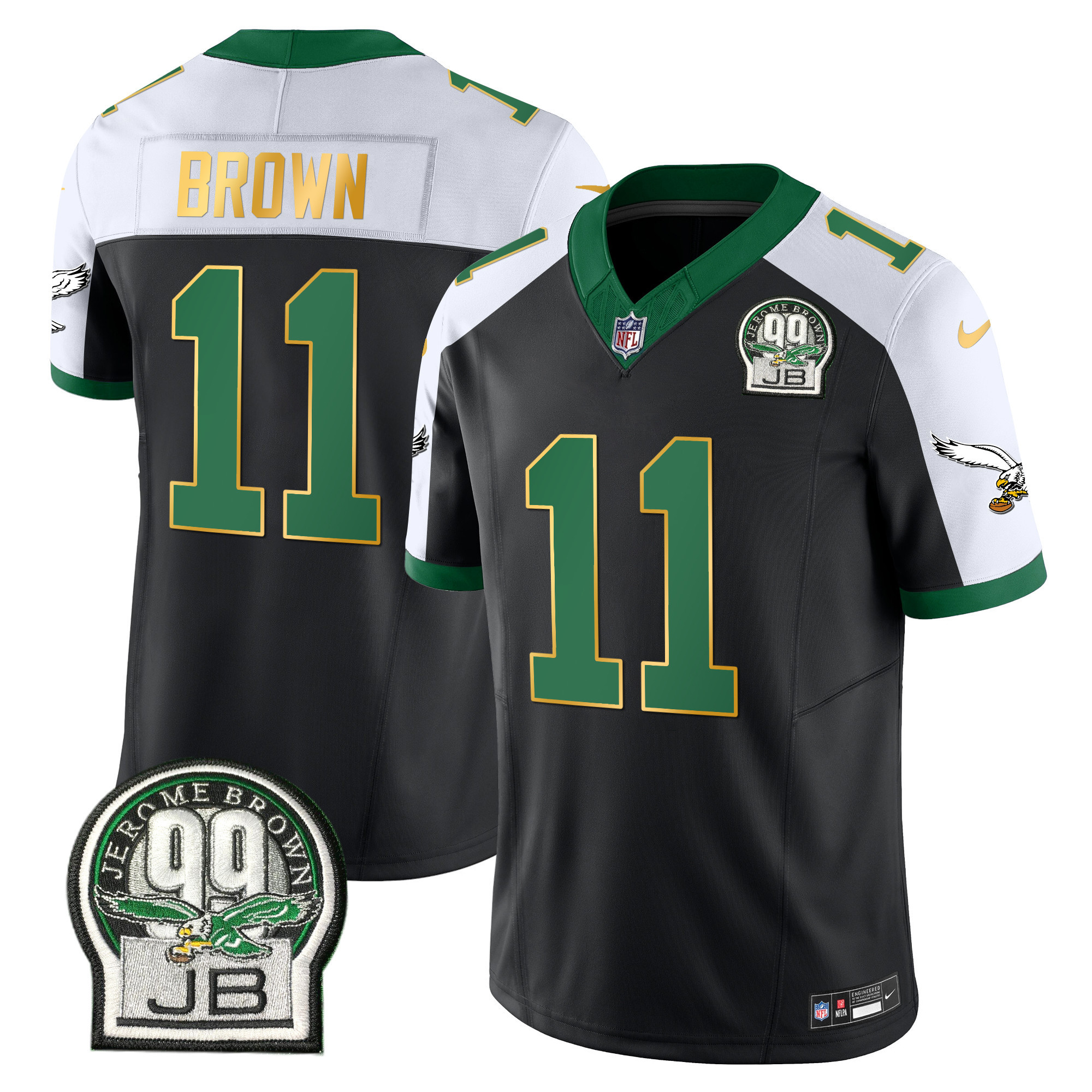 A.J. Brown Men's Philadelphia Eagles Jerome Brown Patch Kelly Green Gold Trim Black Alternate Jersey - All Stitched